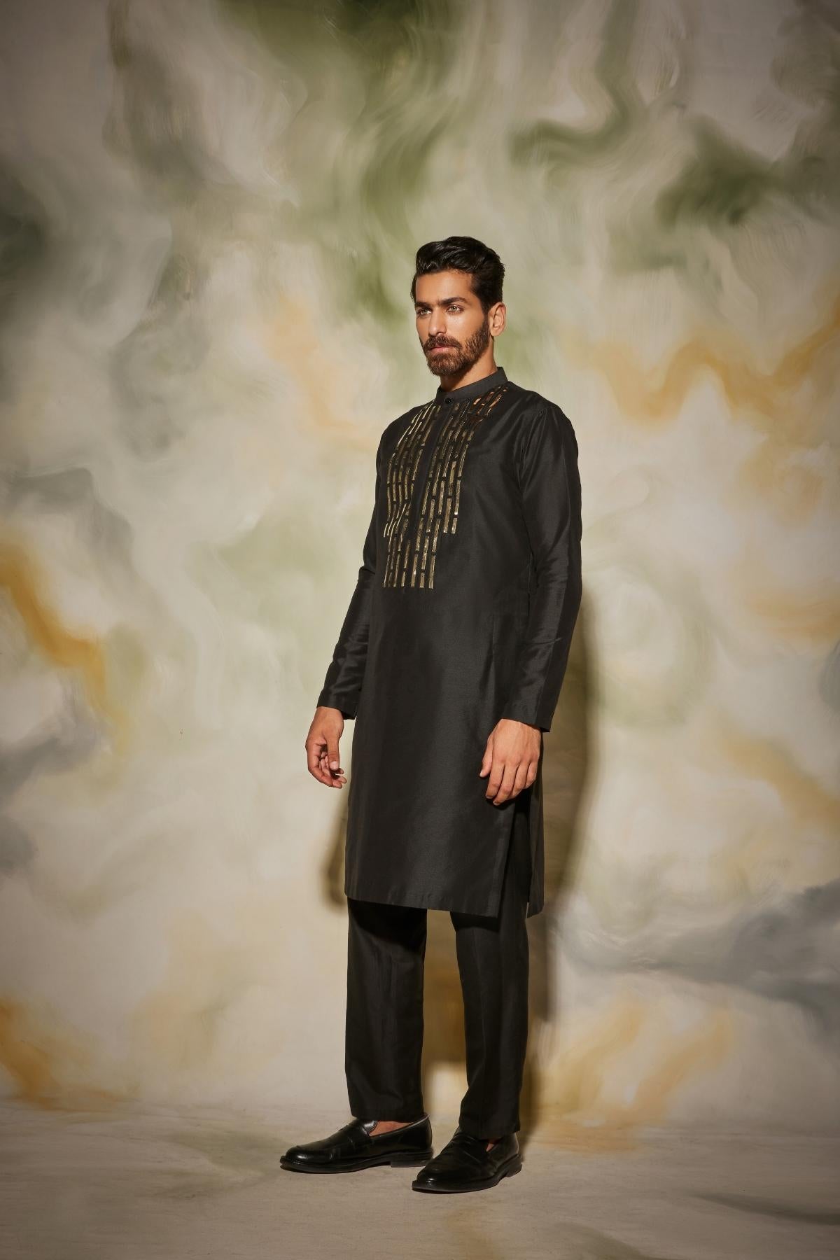 Black Acrylic Matted Yoke embroidered Kurta