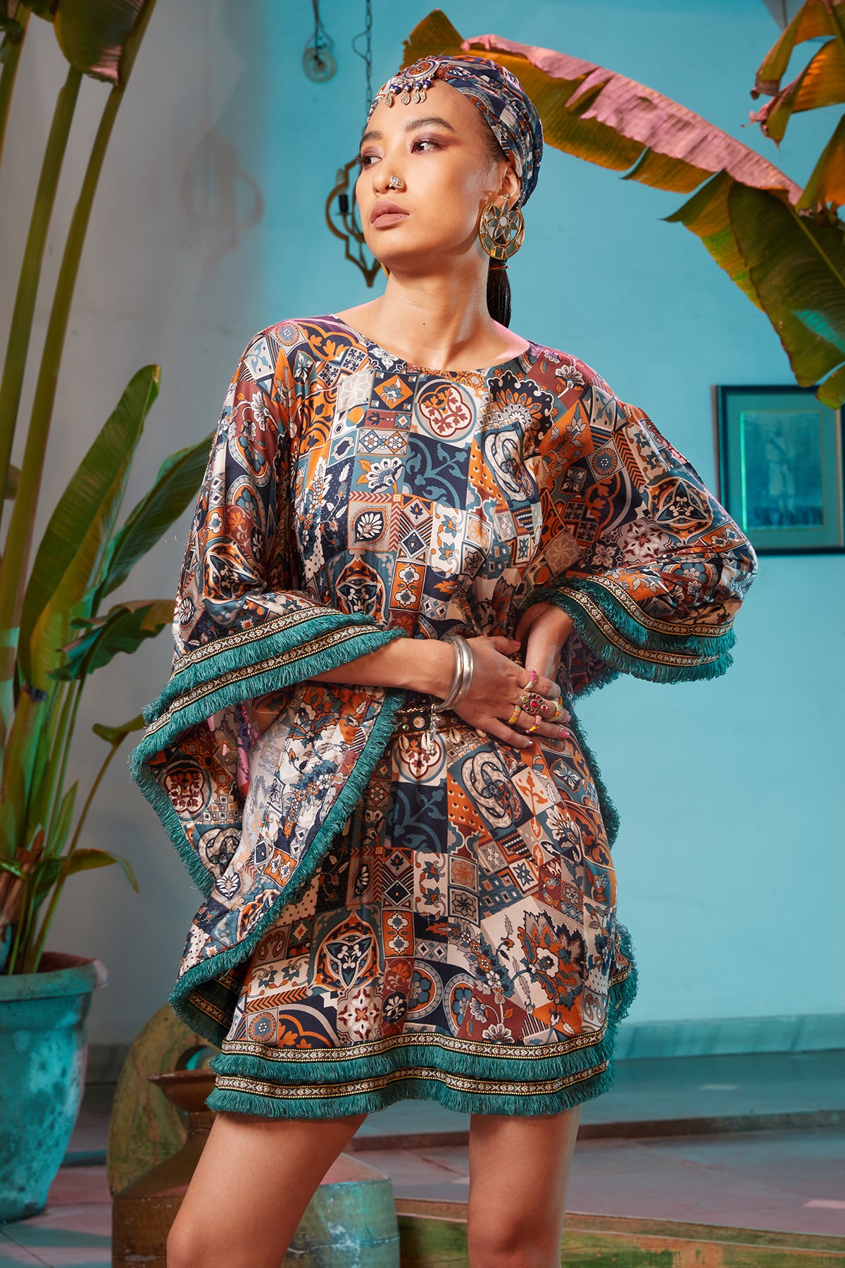 Multi-Color Tile Print Short Kaftan