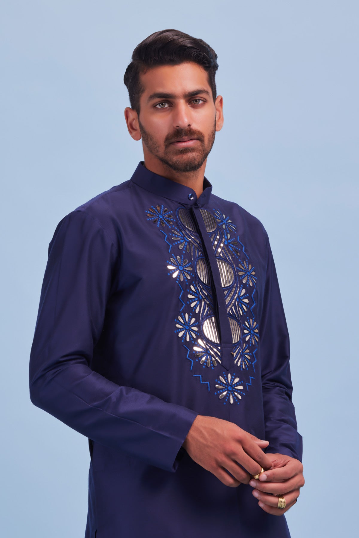 Dark Blue Acrylic and Thread Circle Lapel Embroidered Kurta With Dark Blue Pants
