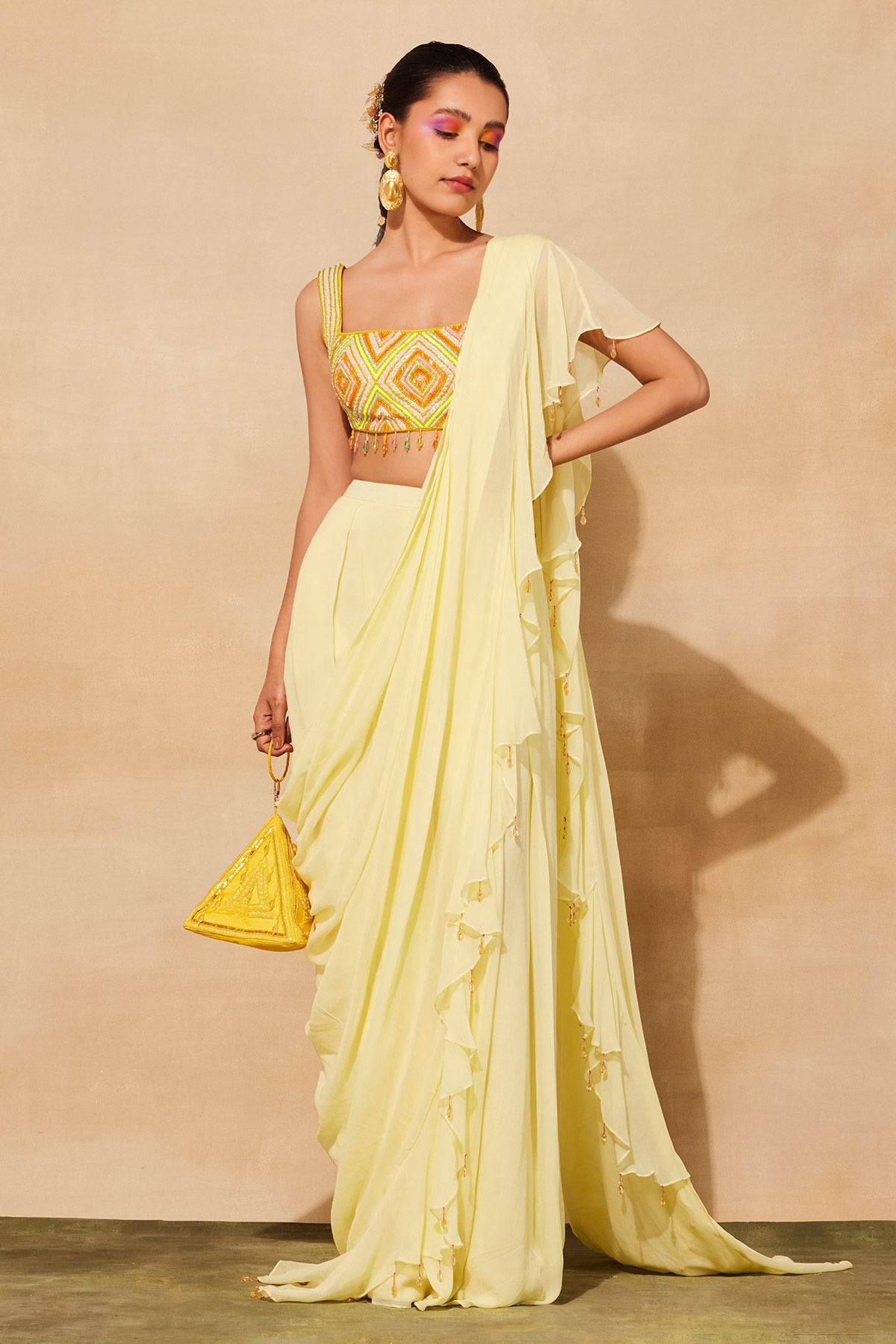 PASTEL YELLOW DIAMOND EMBROIDERED SAREE SET