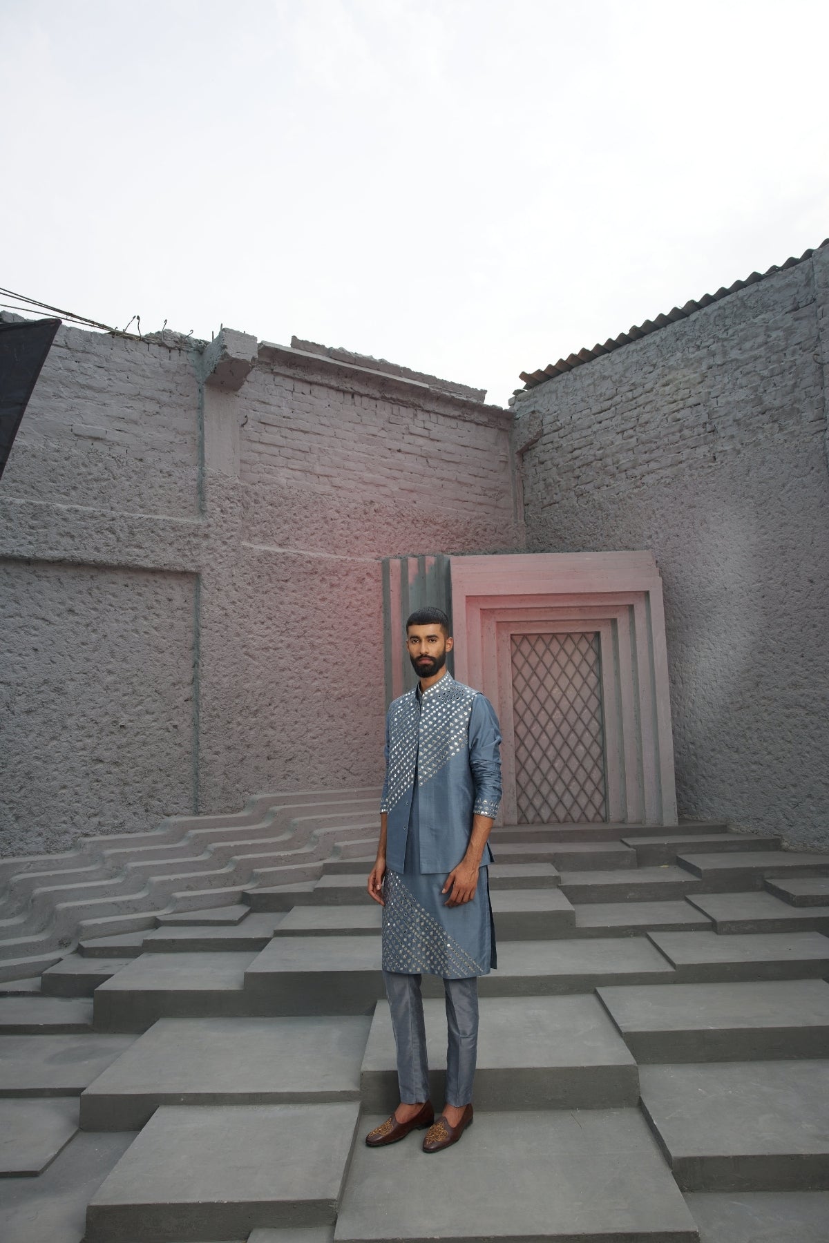 Grey self on self acrylic and thread geometric one side embroidered Kurta & Bundy