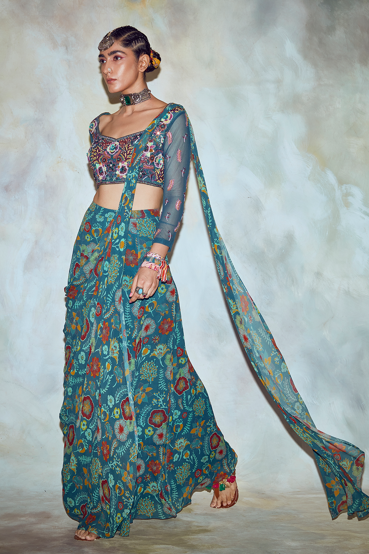 Teal Blue Mix Embroidered Saree Set