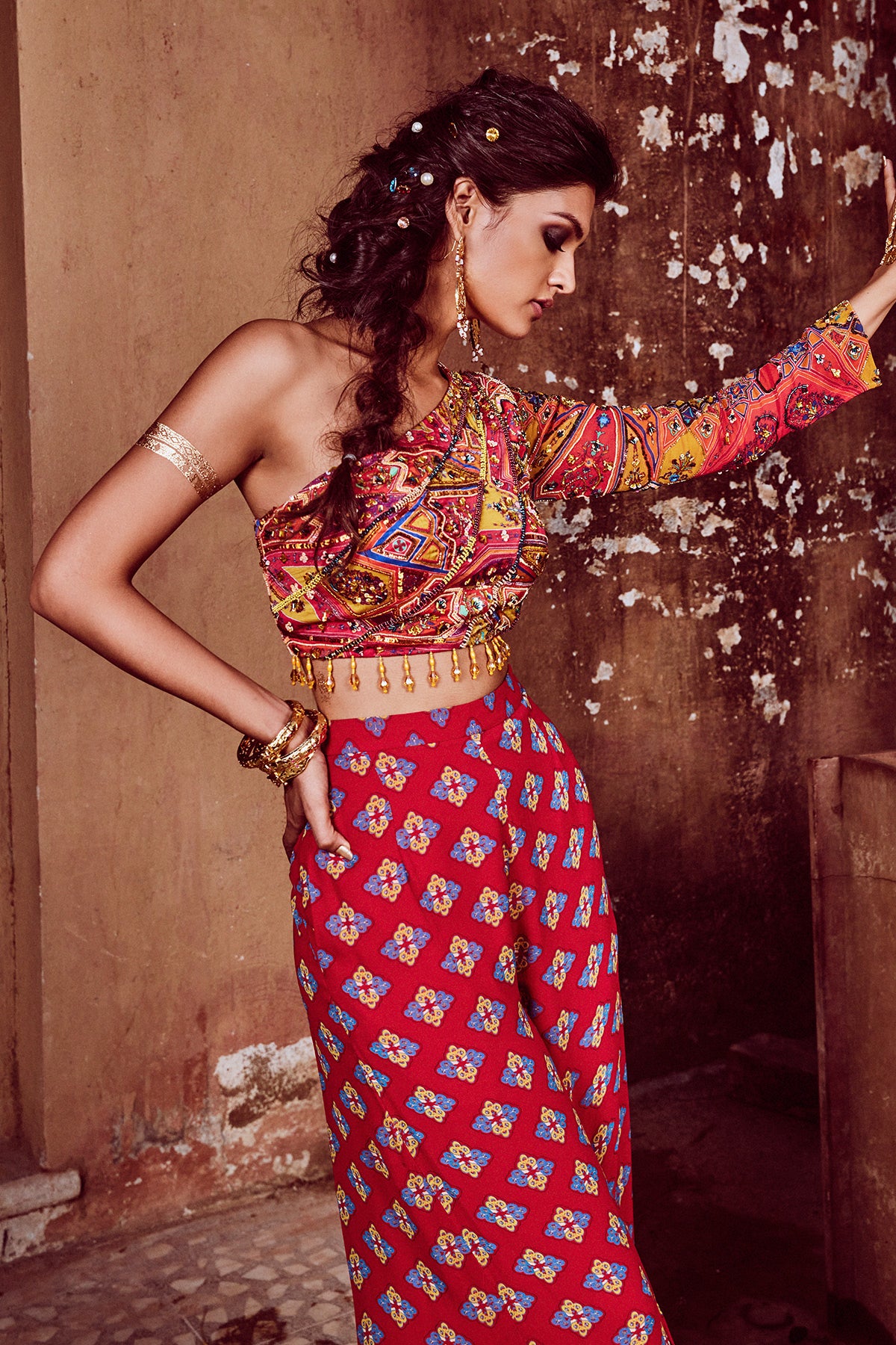 Yellow Bale & Jaal Print Crop Top With Red Butta Printed Front Tiered Godet Pants