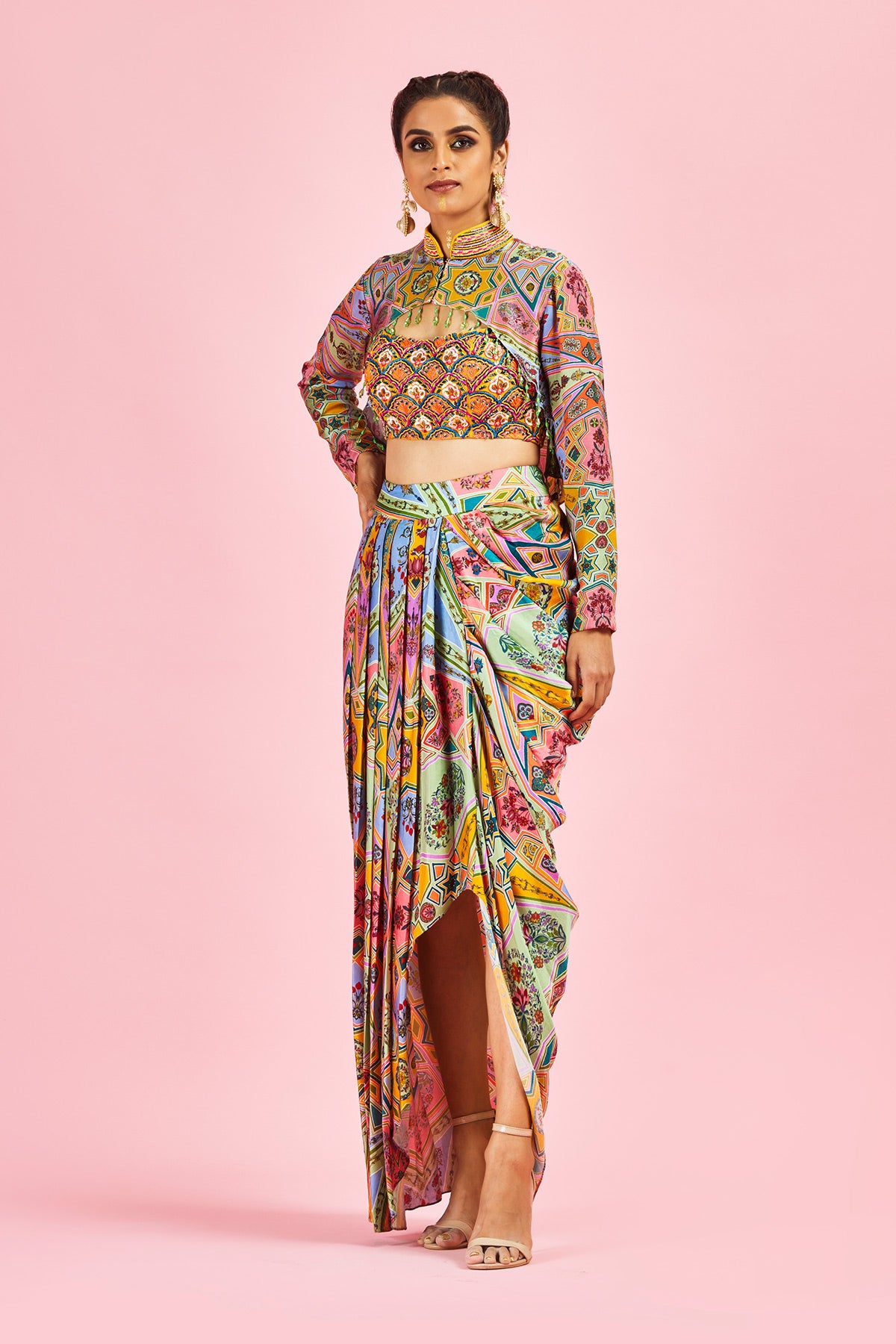 Yellow Crop Top With Short Cape Dhoti Skirt - Main Image