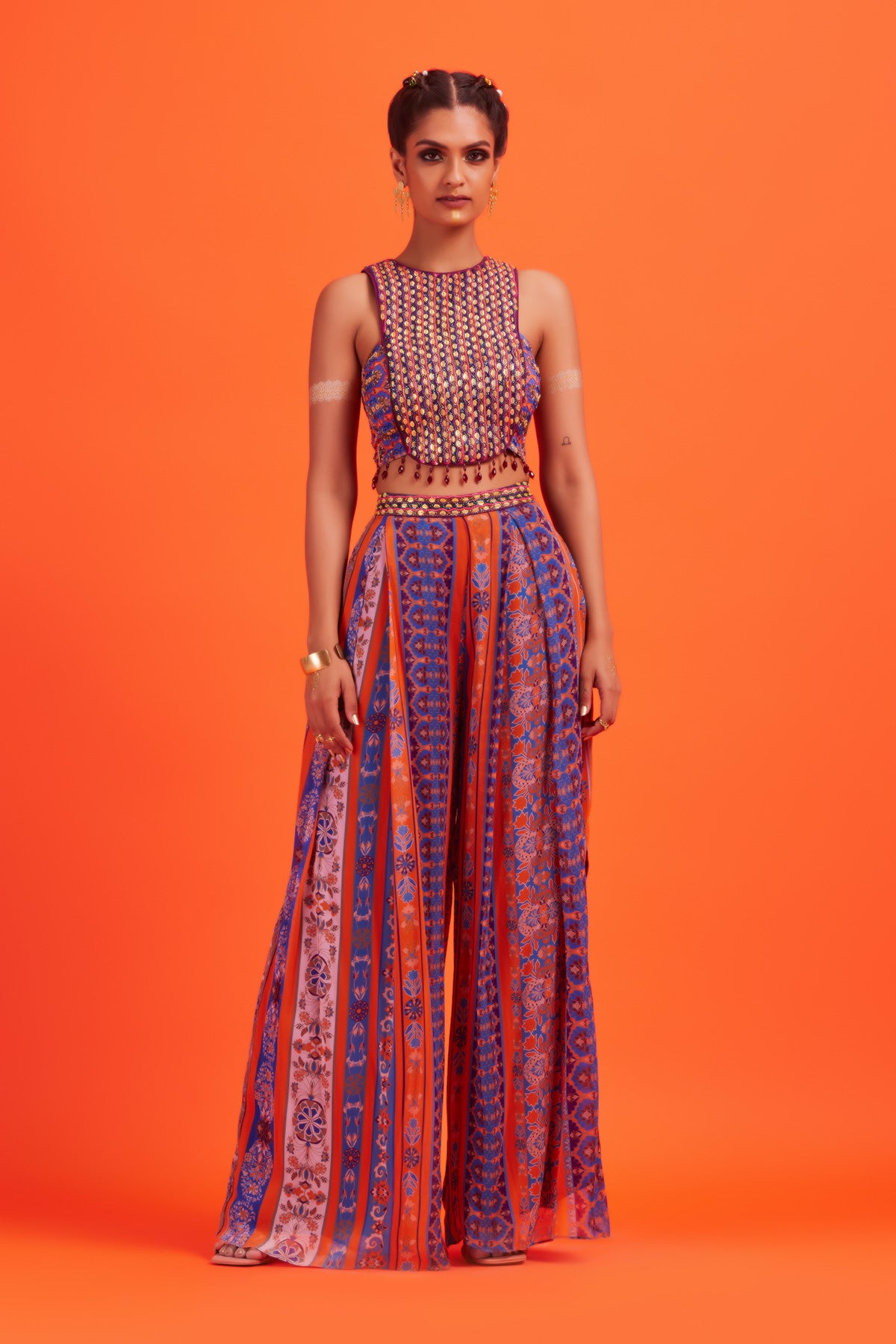 Rust Panel Embroidered Crop Top With Stripe Pants