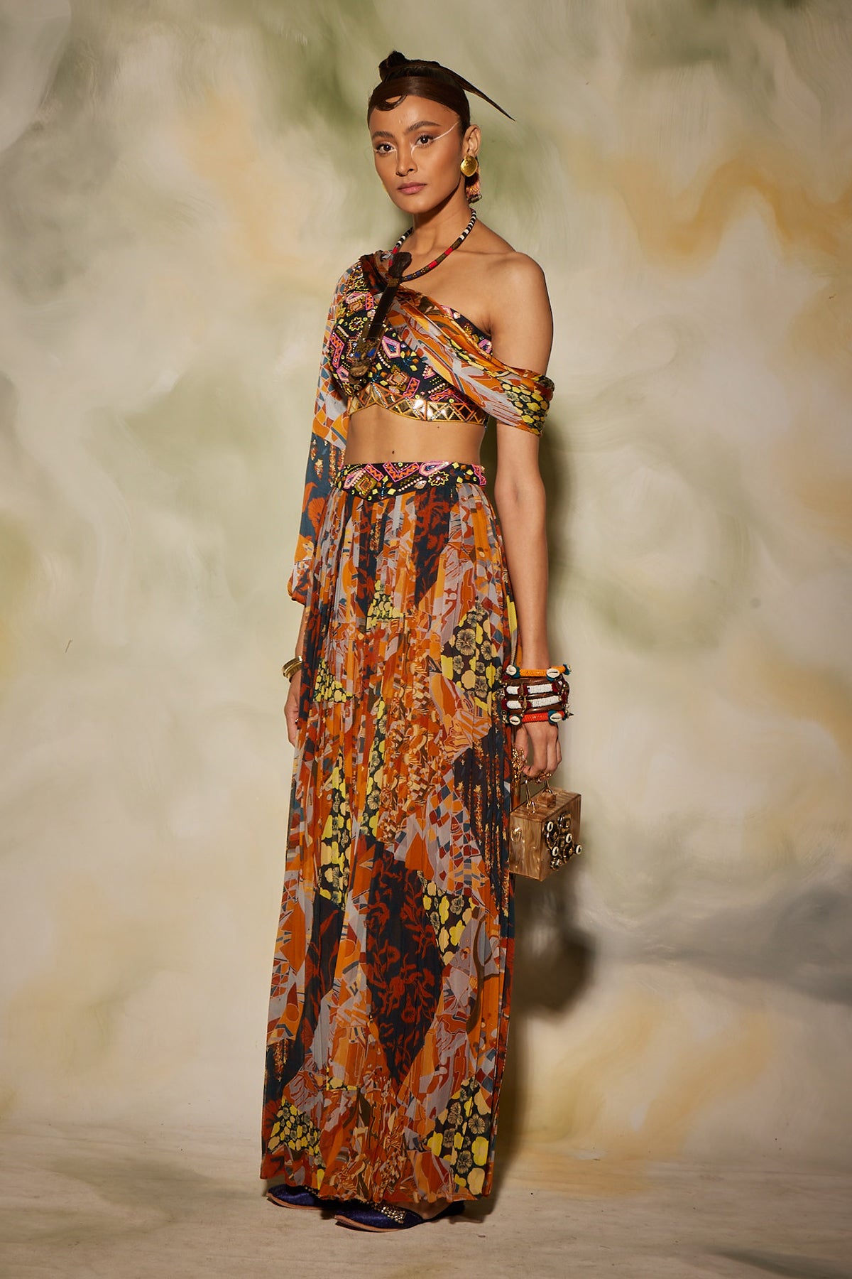 Brown & rust aztec print pleated with pants with potali bag