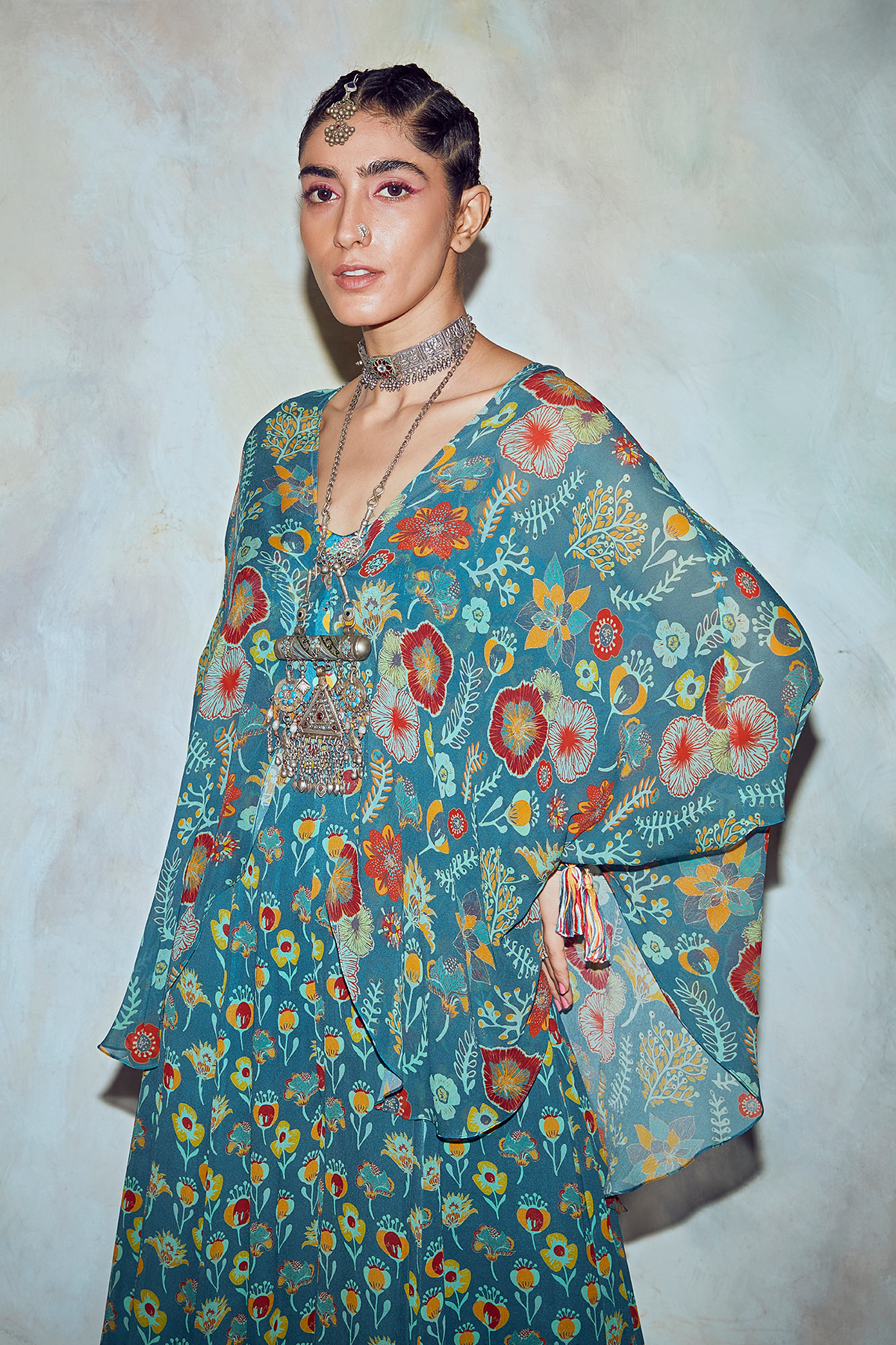 Teal Blue Floral Print Cape Set