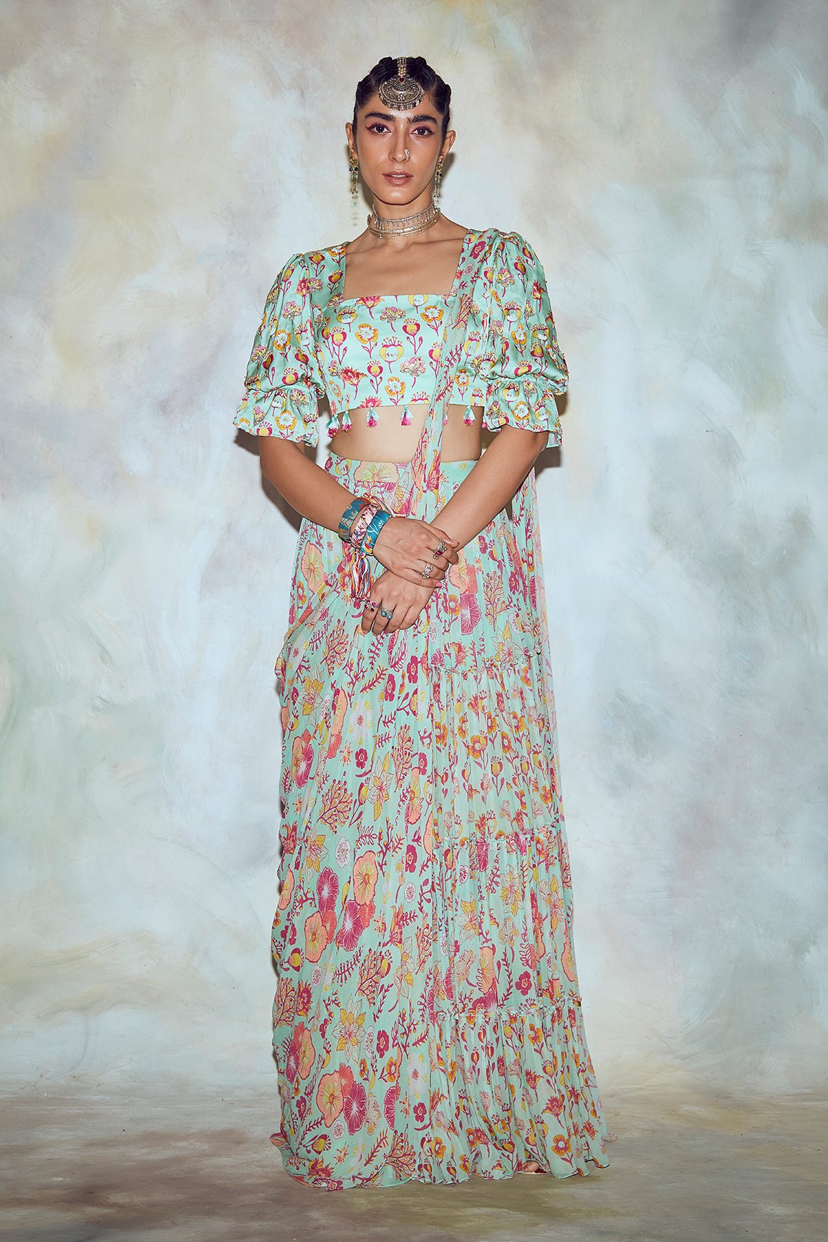 Mint Green Floral Skirt Saree