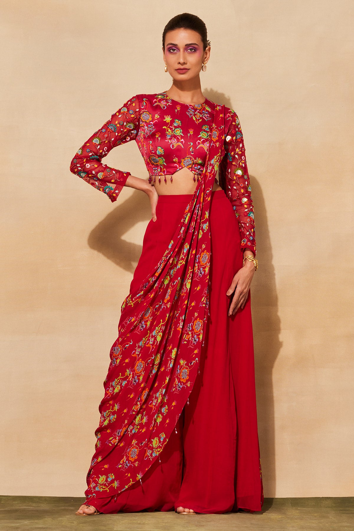 CRIMSON RED PRINT & EMBROIDERED SAREE SET