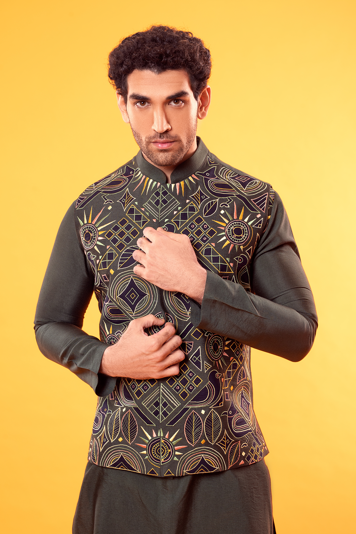 Olive Green Multi Colour Embroidered Kurta & Bandi