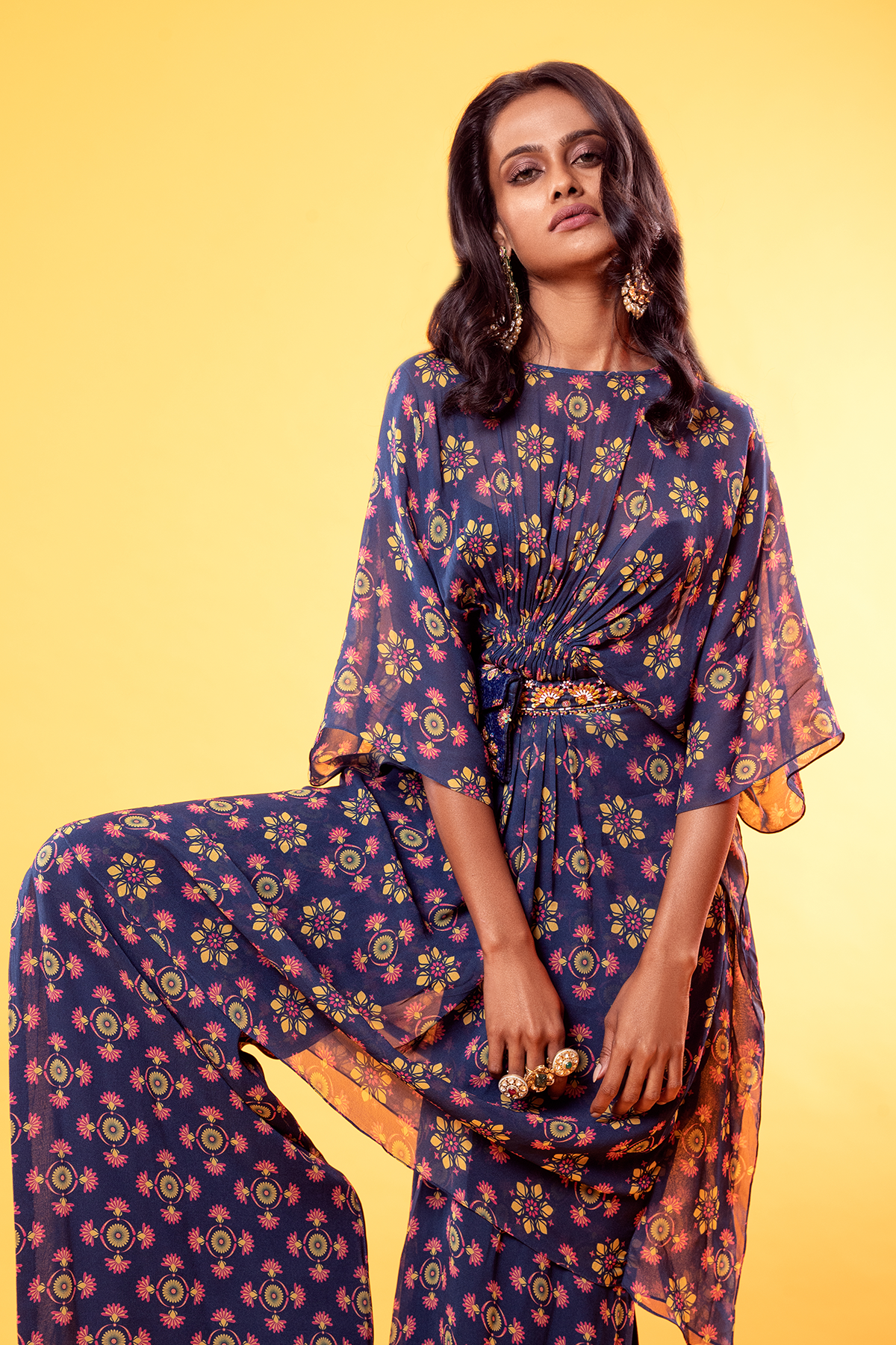 Navy Blue Mix Butta Kaftan & Pant With Embroidered Bag Belt