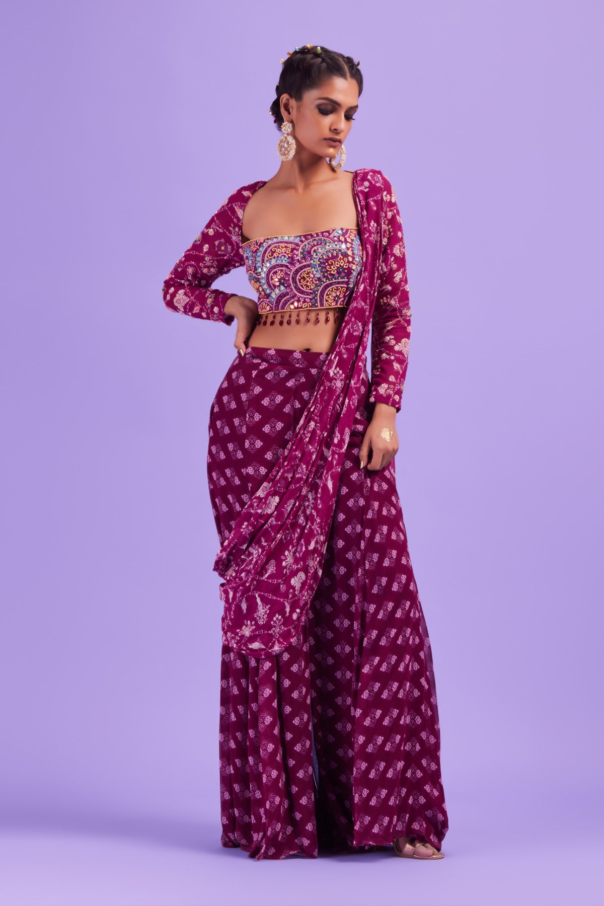 Purple Half Circle Embroidered Full Sleeves Blouse with Printed Sharara Sari