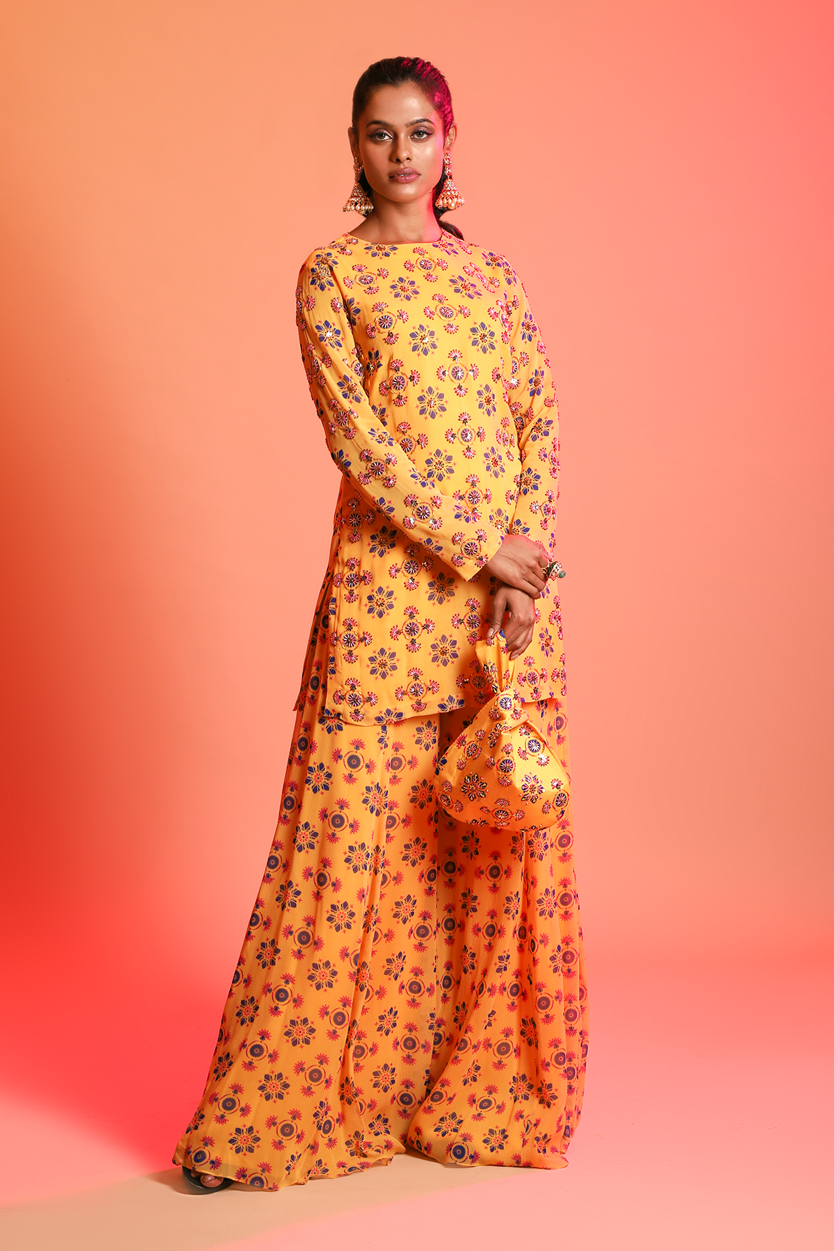 Mustard Mix Butta Printed Kurti With Sharara & Embroidered Potli Bag