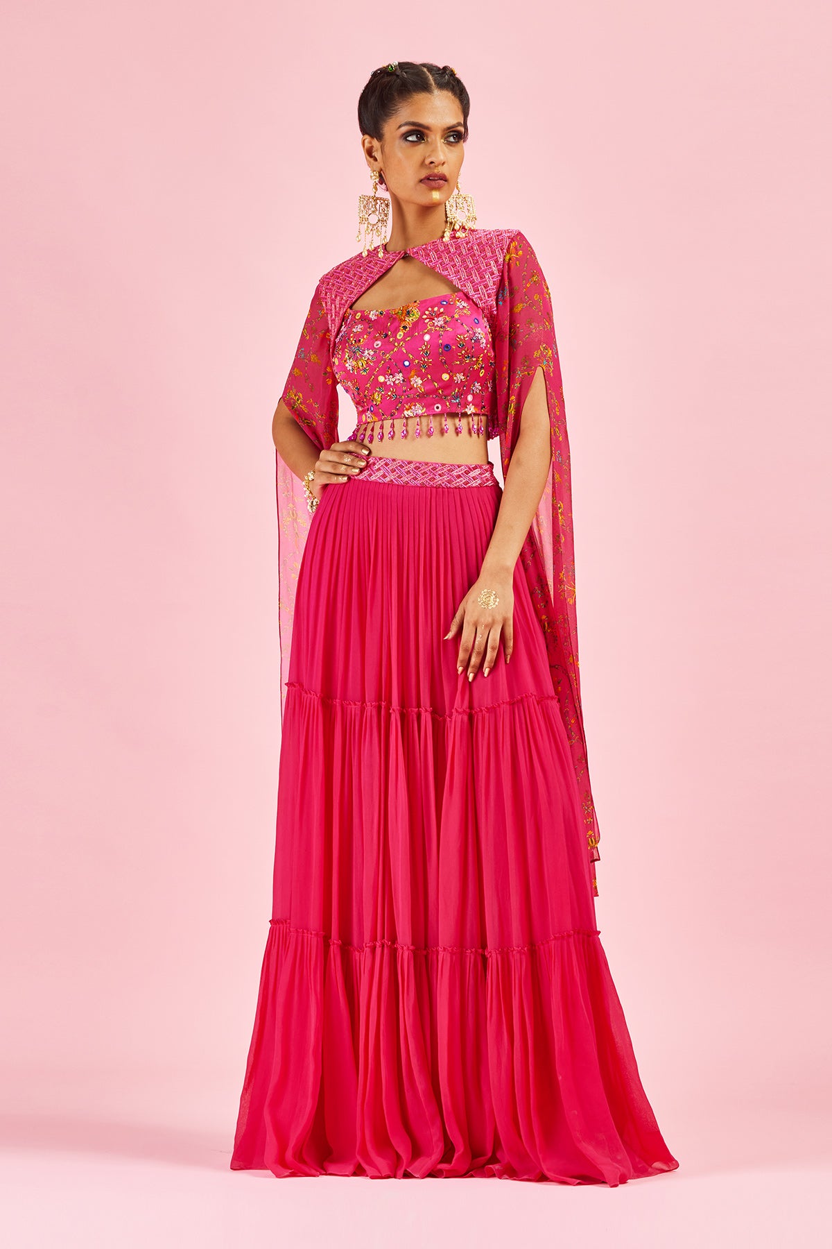 Fuchsia Pink Bustier With Crop Jacket & Solid Tiered Skirt