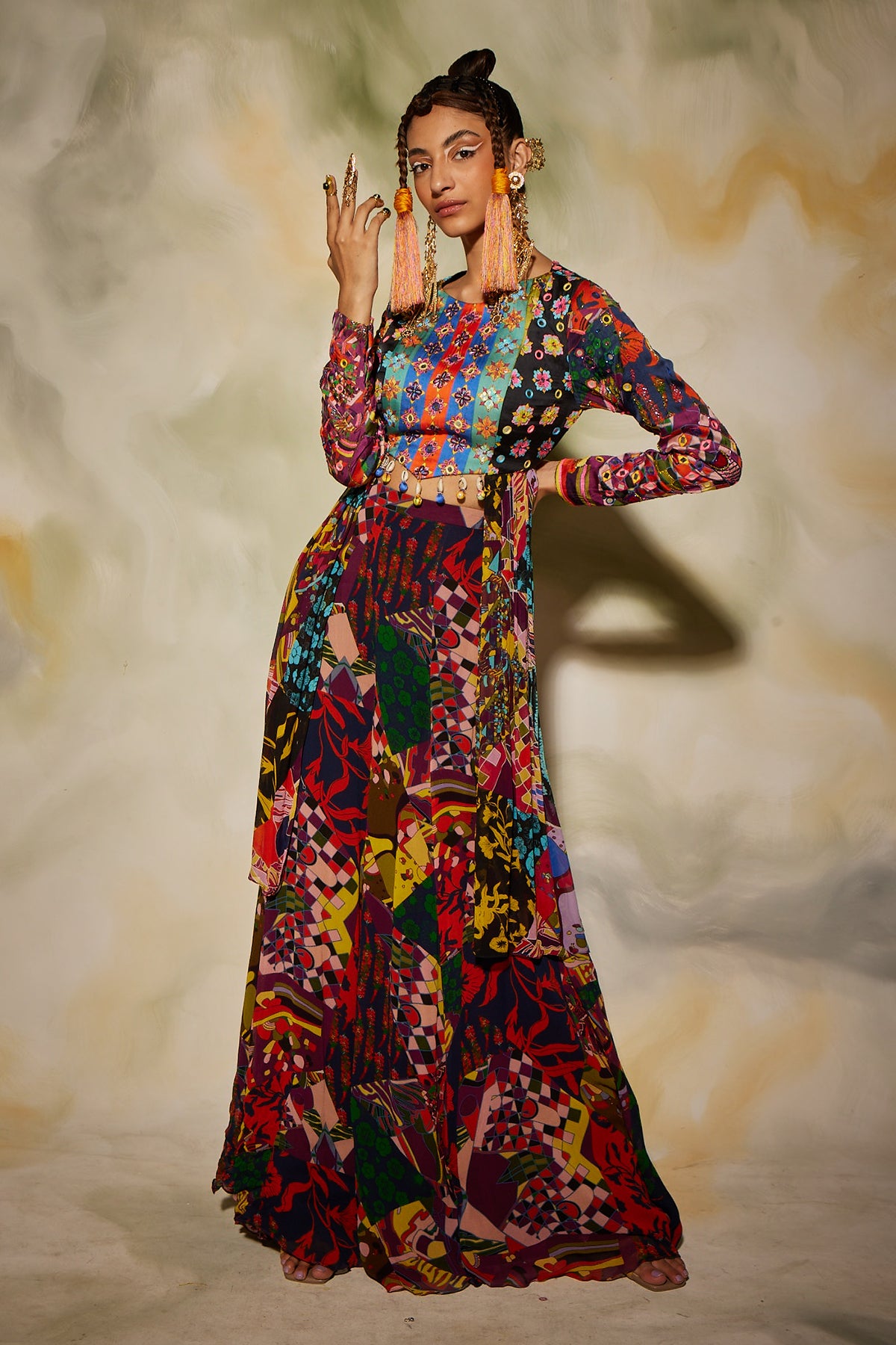 Purple & Green Aztec Print Sharara Pants & Asymmetrical Kurti