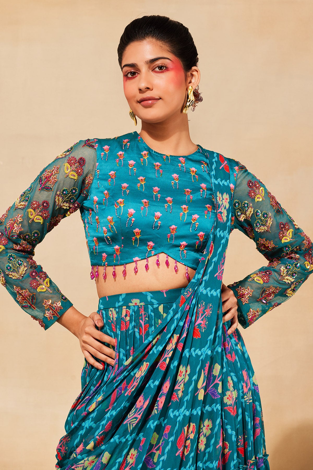 TEAL BLUE PRINT & EMBROIDERED SAREE SET