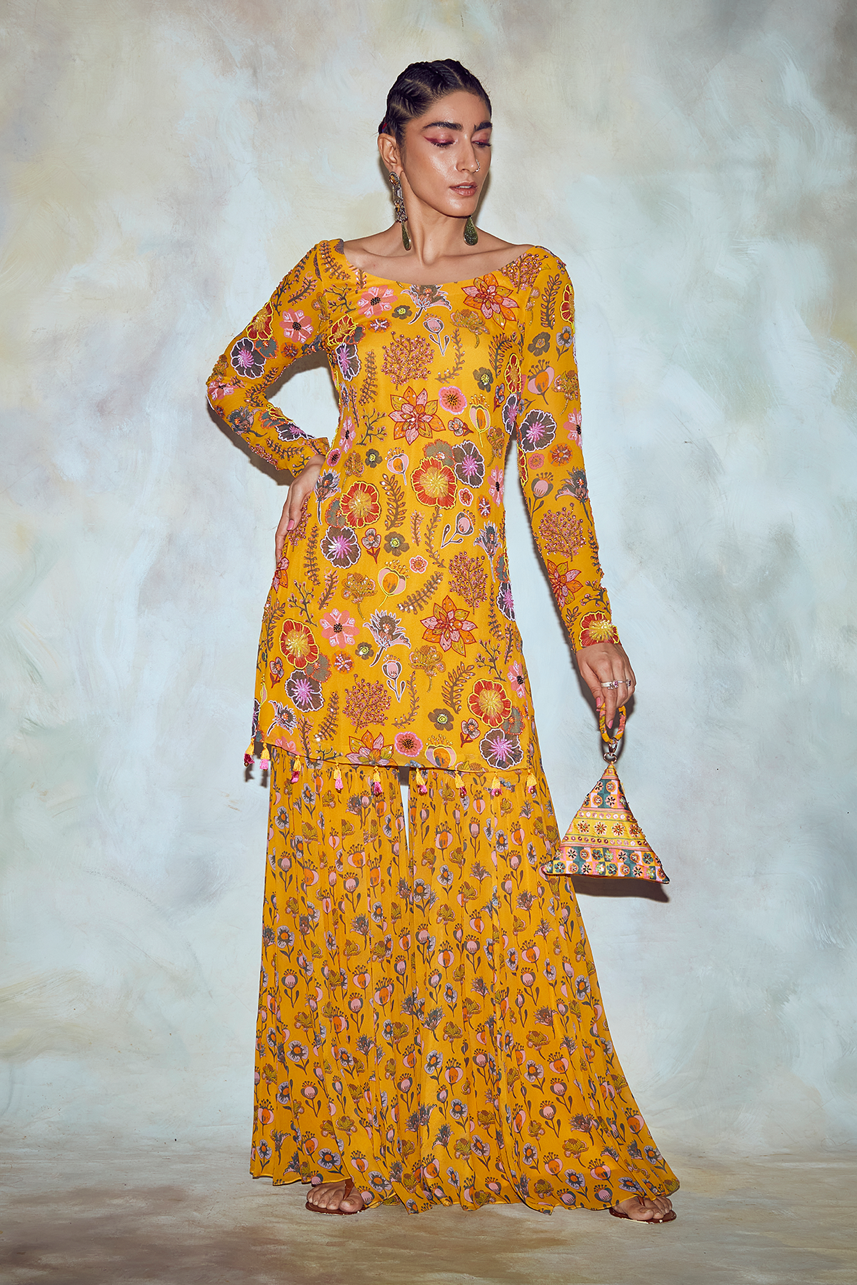 Yellow Jaal Print Kurti Garara Set