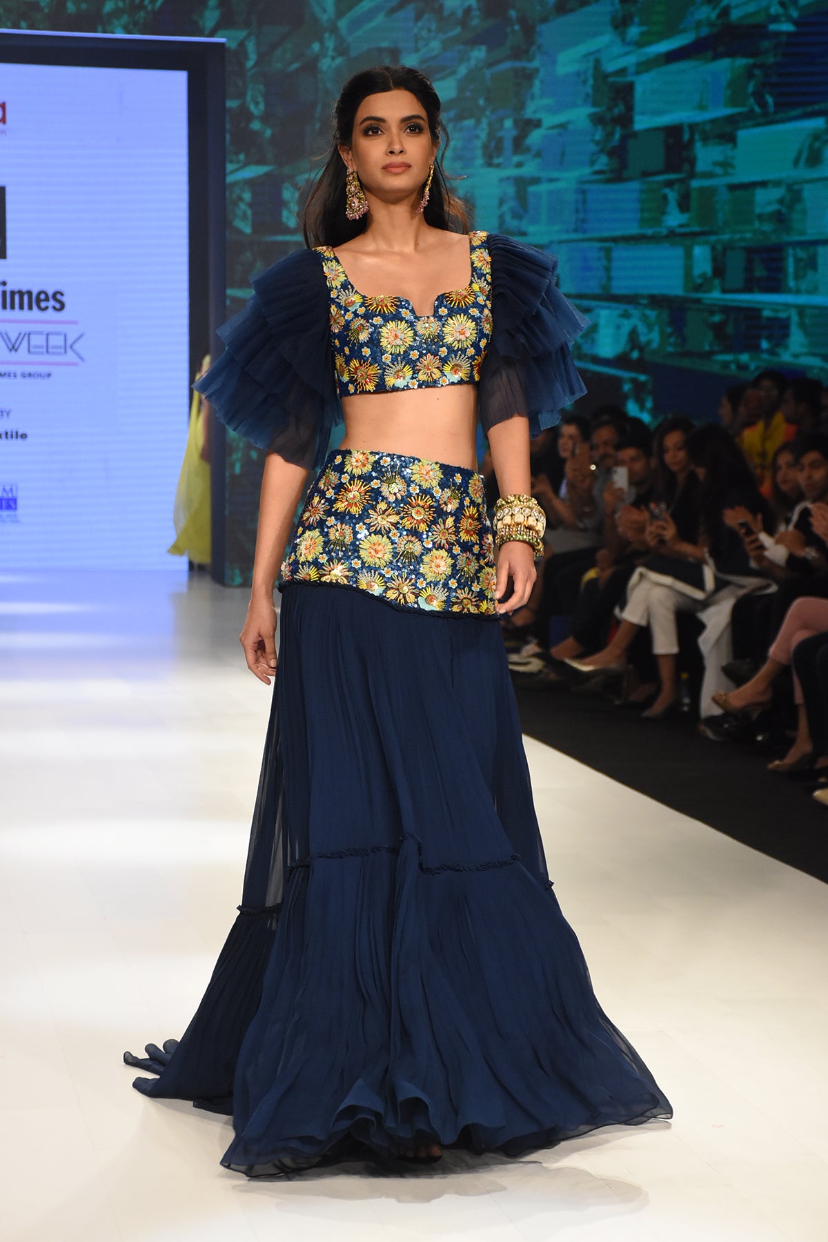 Diana Penty In Tiered Sleeves 3D Embroidered Blouse with Bask Embroidered Lehenga