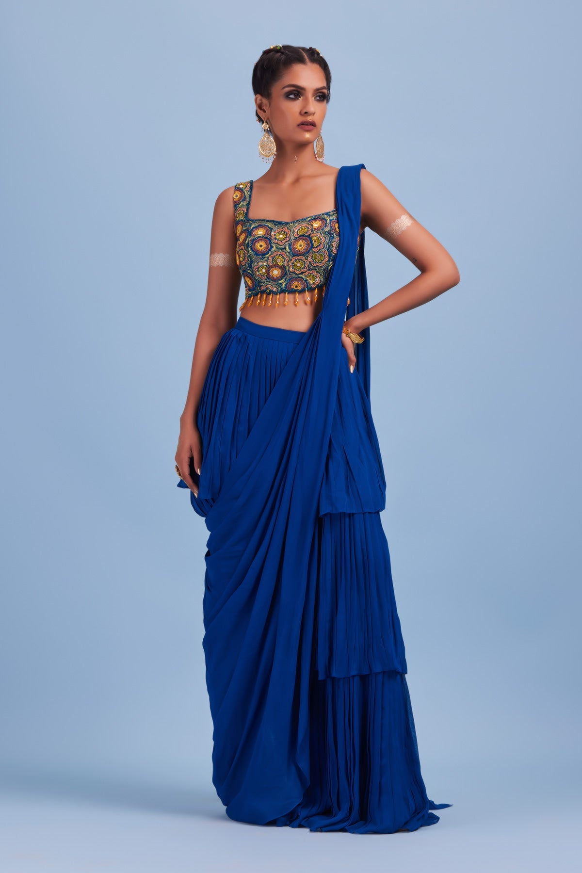 Blue Cutdana Floral Embroidered Sari Set