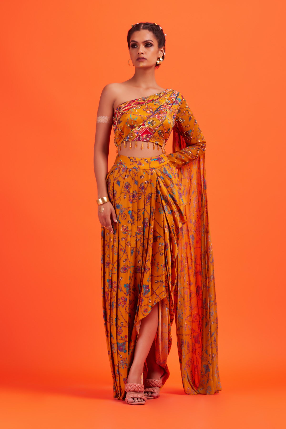 Yellow One Off Shoulder Crop Top With Dhoti Skirt