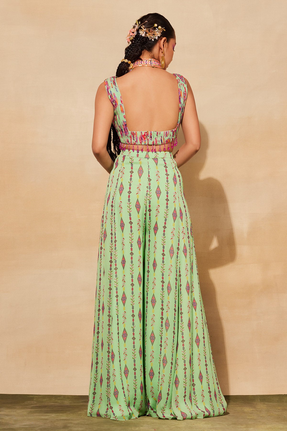 MINT GREEN PRINT & EMBROIDERED CROP TOP SET