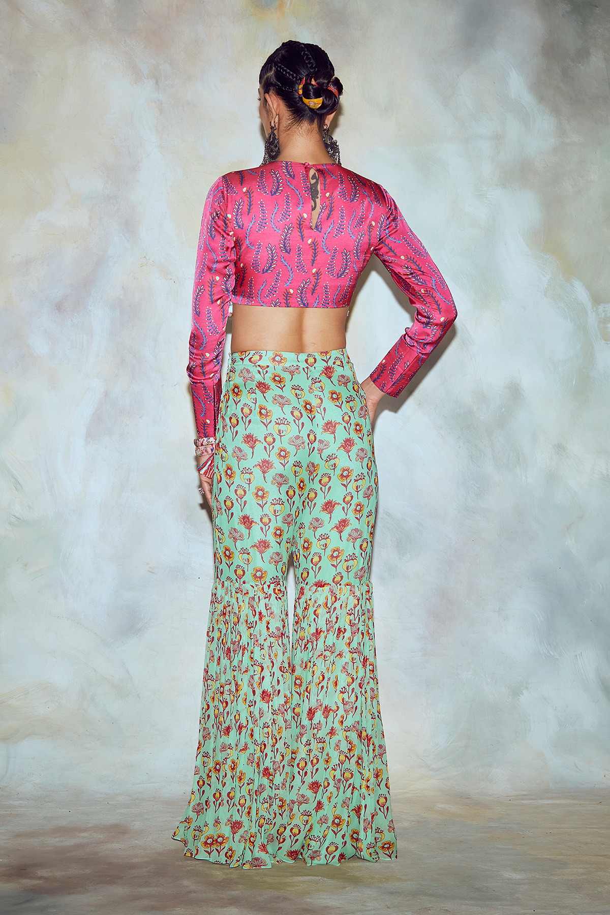 Fuschia Pink Leaf Print Crop Set