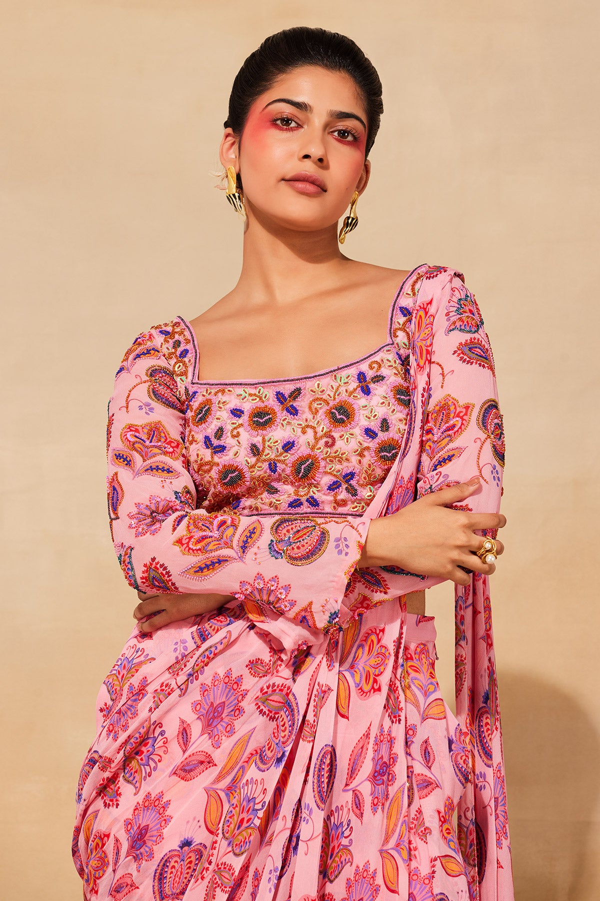 BLUSH PINK PRINT & EMBROIDERED SAREE SET