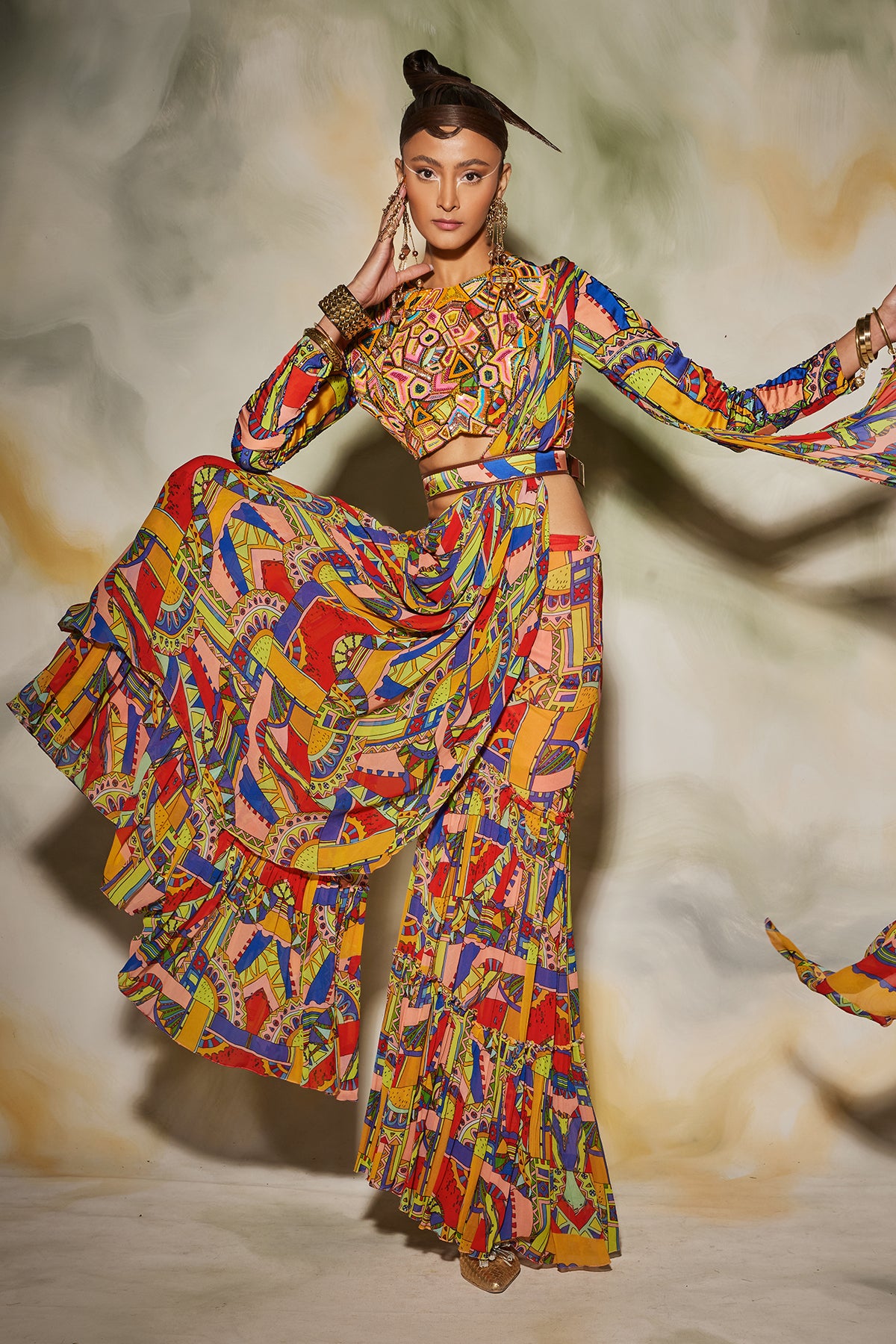 Neon Geometric Printed Gharara Saree Set and Printed Leather Belt