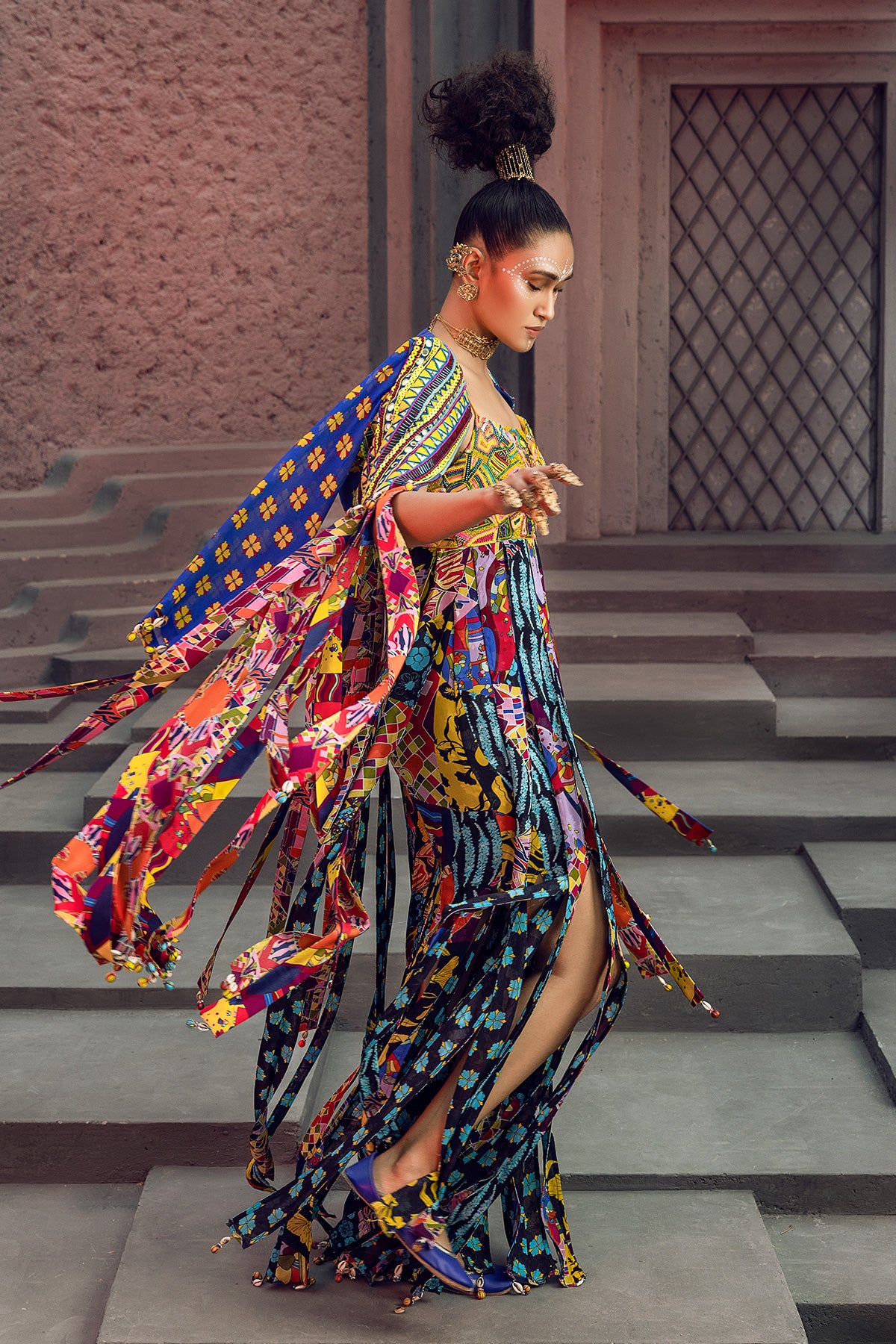 Trible yoke embroidery Cape Jumpsuit Set