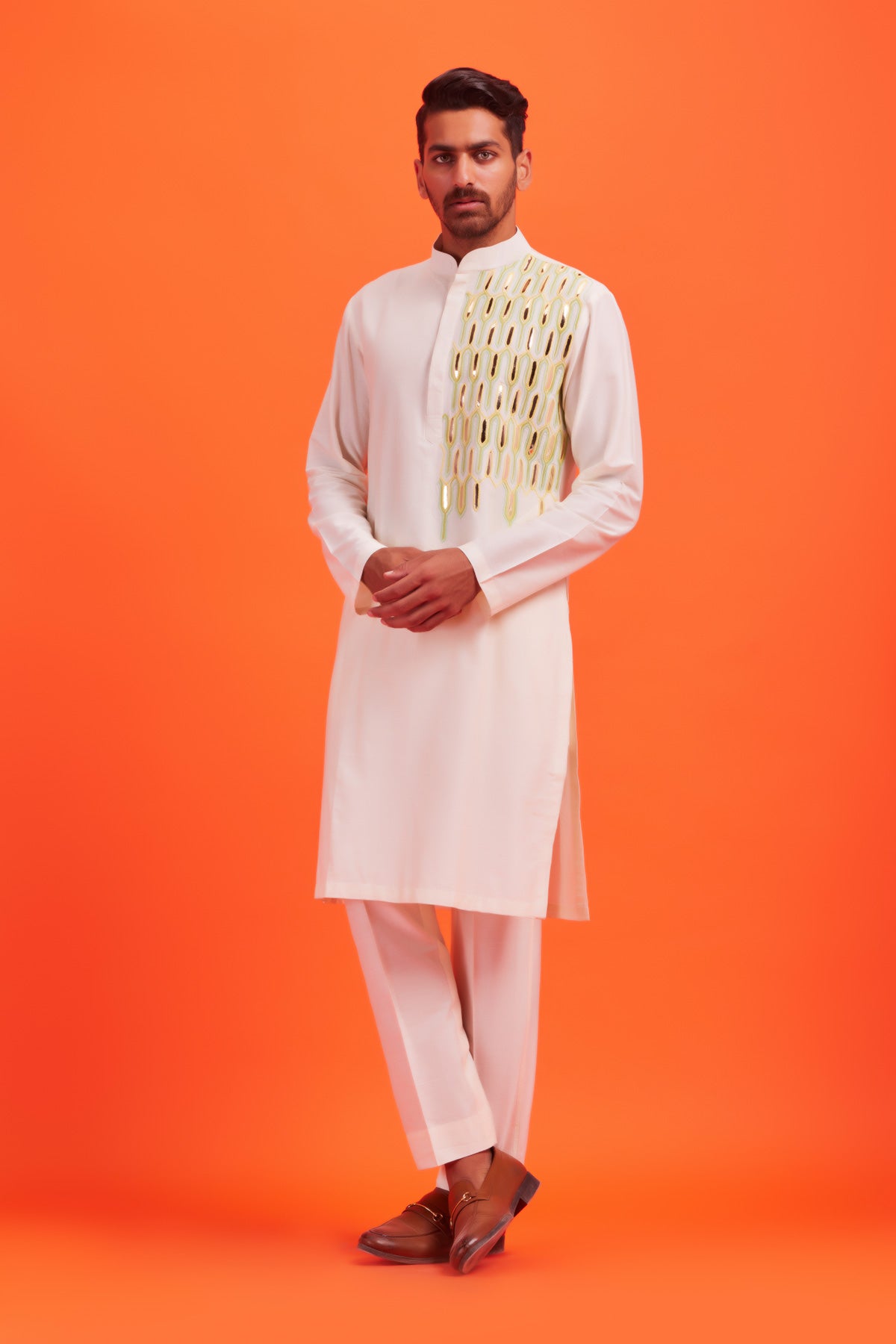 Pastel Yellow thread and Acrylic Brick Embroidered Kurta With Pastel Yellow Pants