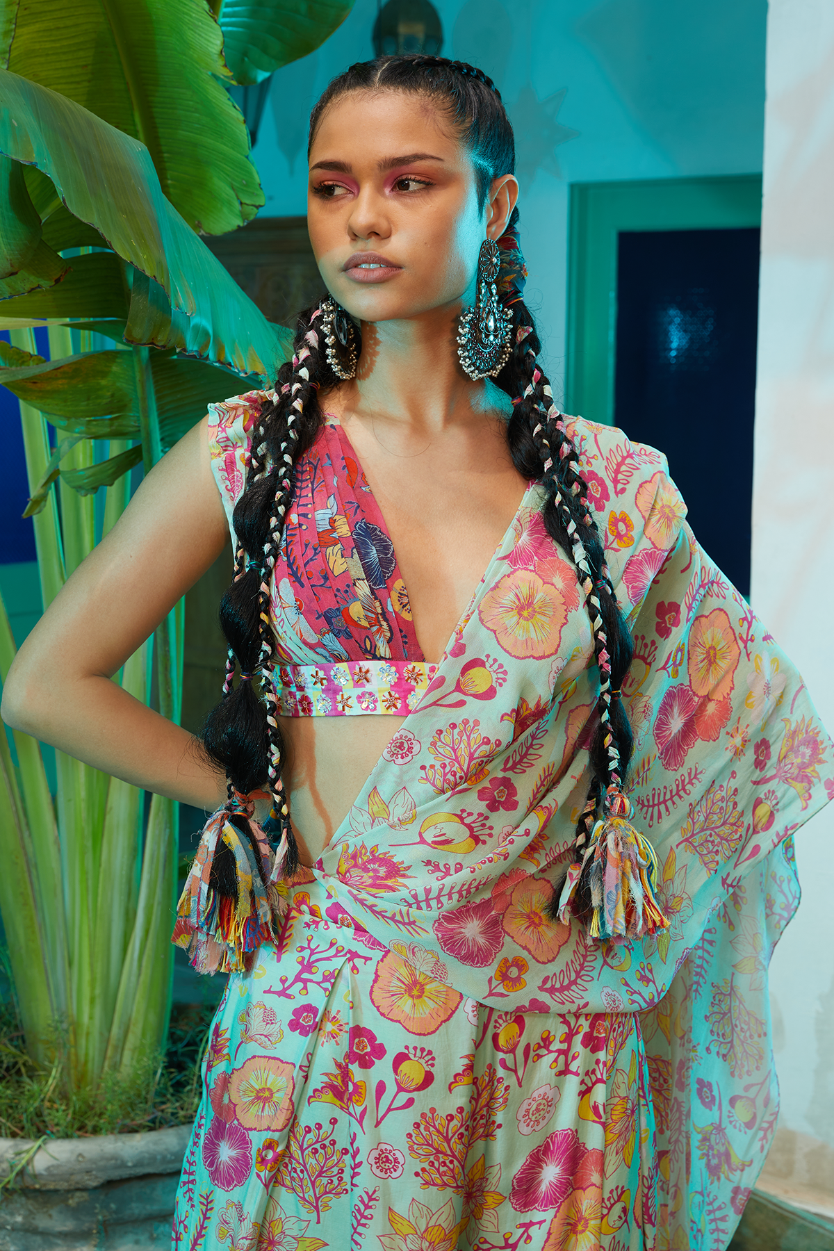 Mint Green & Fuchisa Pink Saree Set