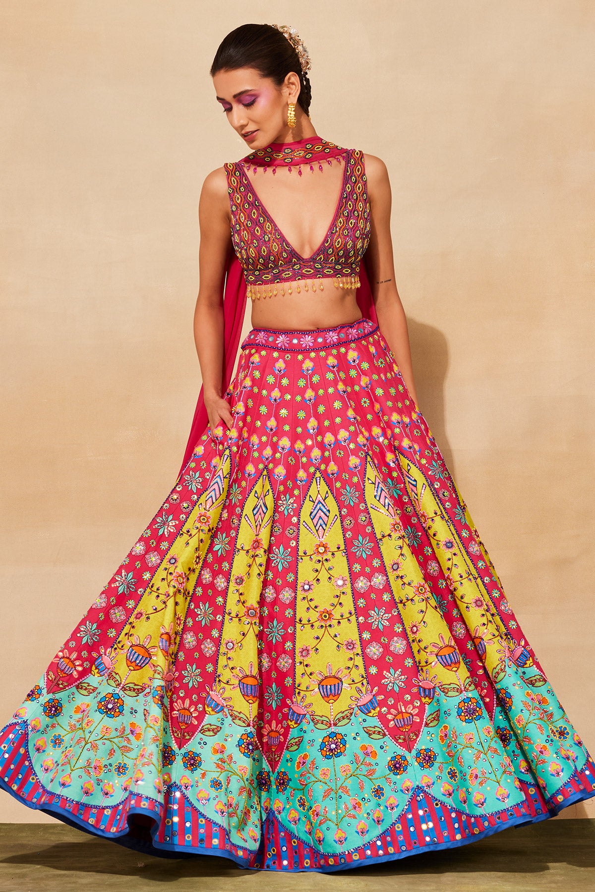 FUCHSIA PINK PRINT & EMBROIDERED LEHENGA SET