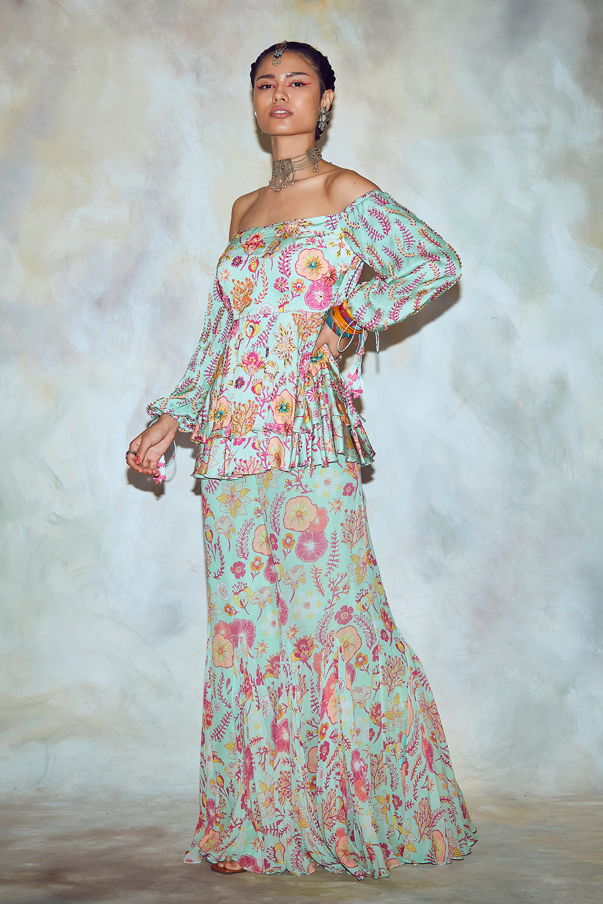 Mint Green Peplum Godet Pant