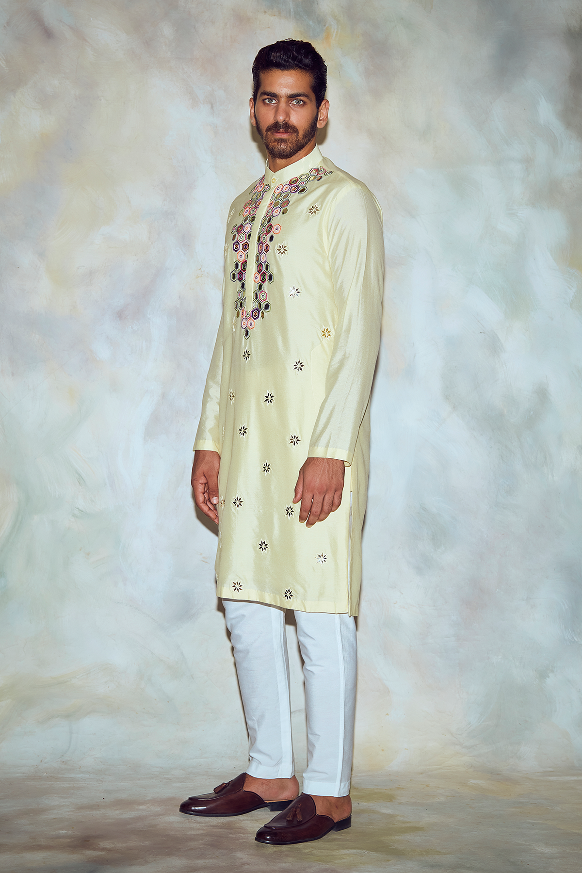 Yellow Hexagon Embroidered Kurta