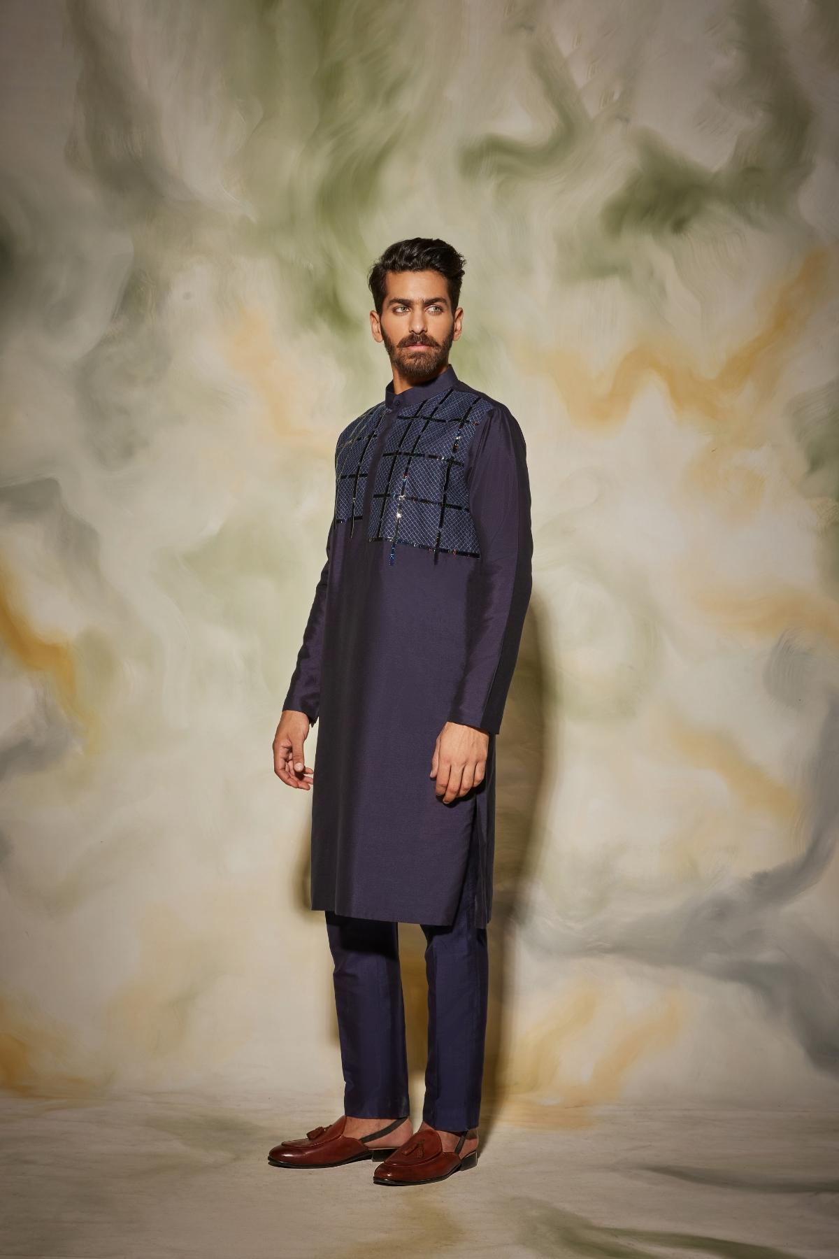 Dark Blue Self on Self quilted with Leather detail Kurta