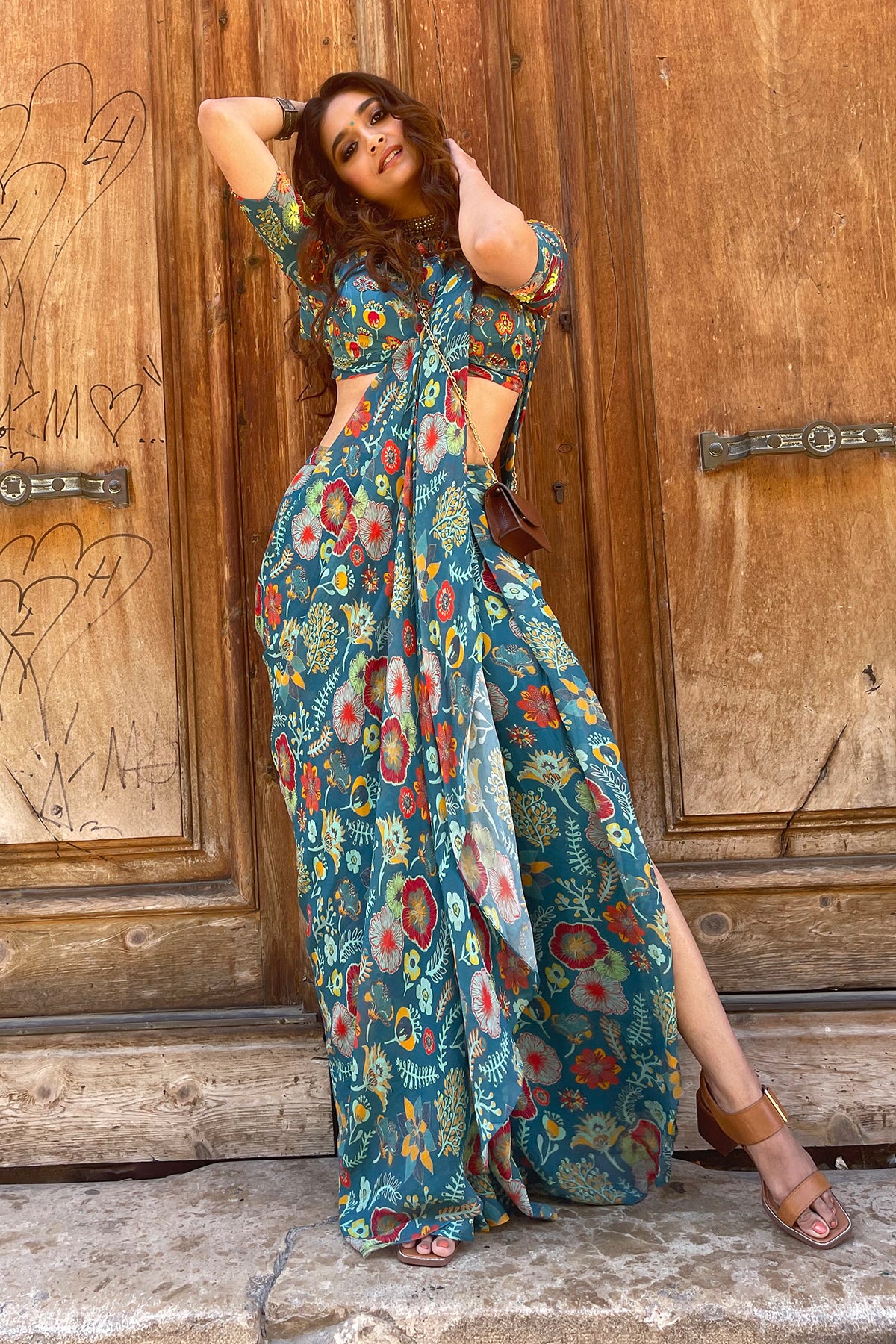 Keerthy Suresh in Teal Blue Jaal & Floral Saree Set