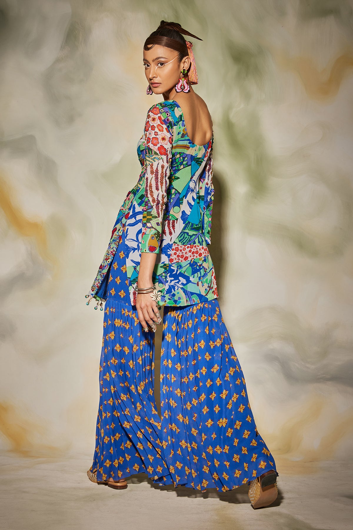 White & Blue Aztec Print highlighted Kurti Gharara Set With Drop Potali Bag