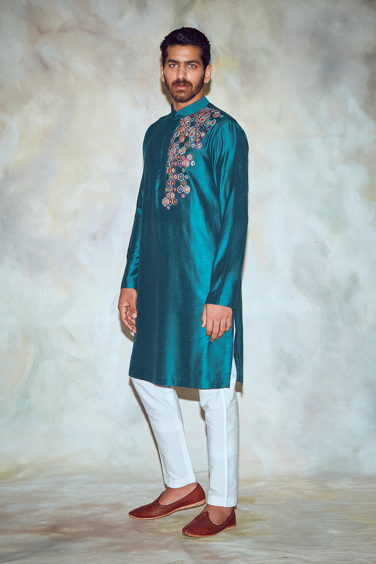 Green Hexagon Embroidered Kurta