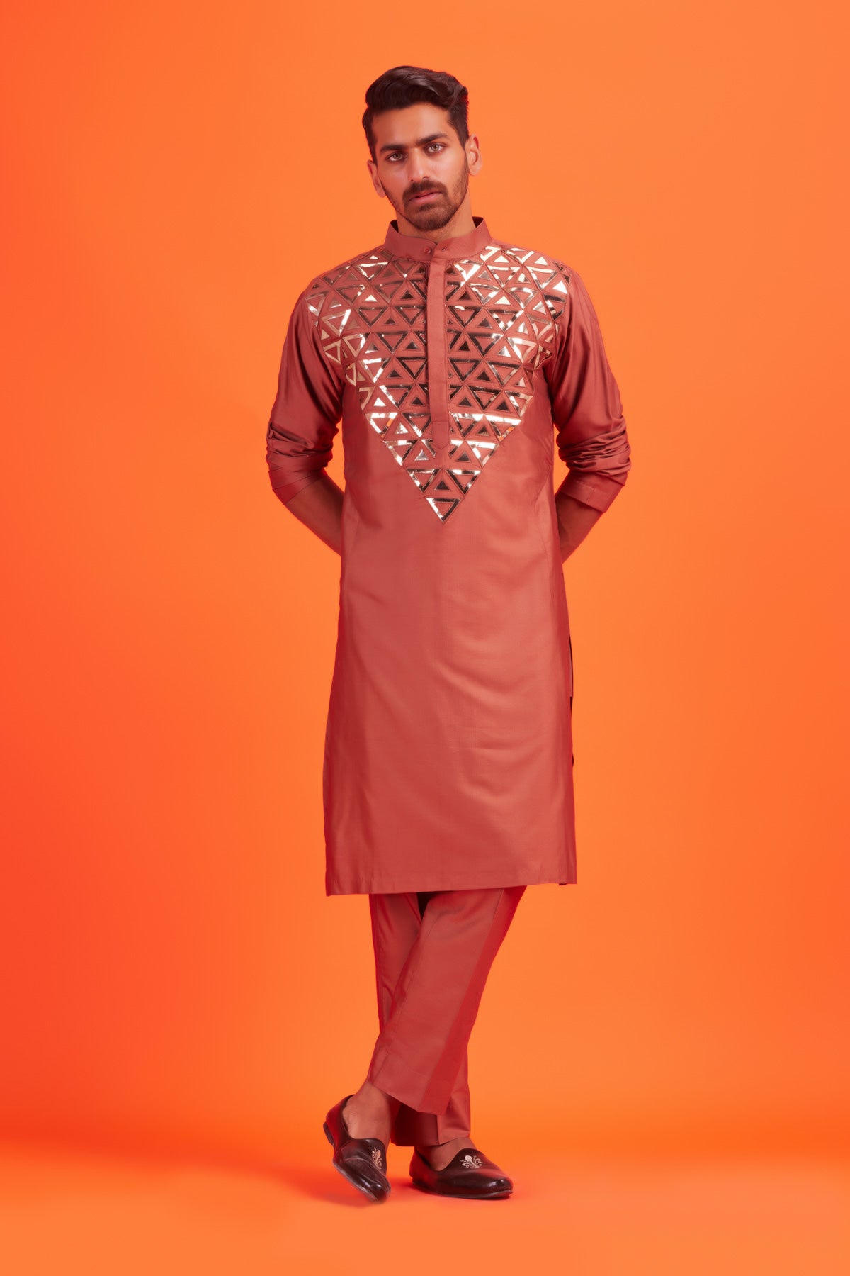 Rose Gold Acrylic Triangle Embroidered Yoke Kurta With Rose Gold Pants