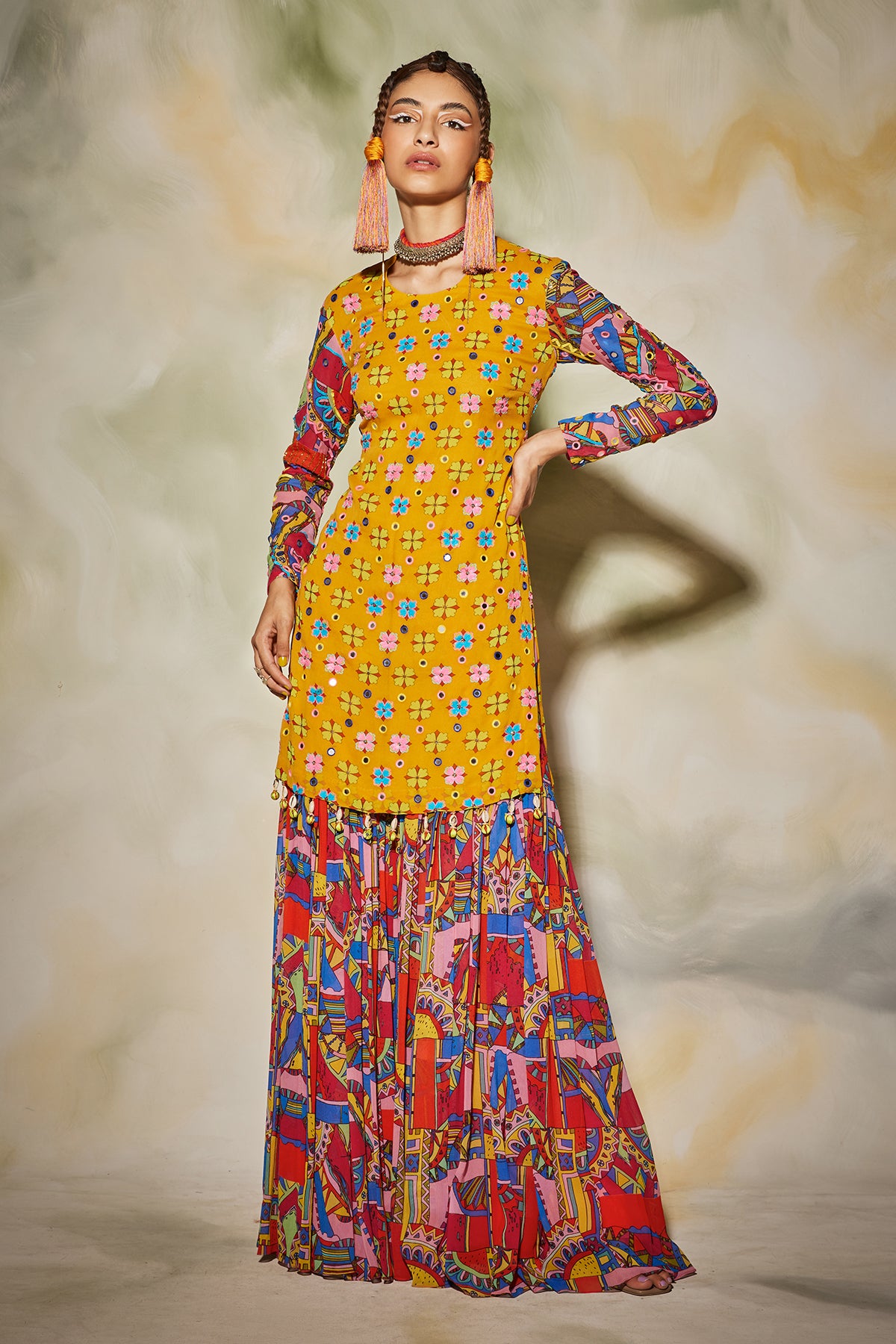 Pink Geometric Printed Kurti Gharara Set