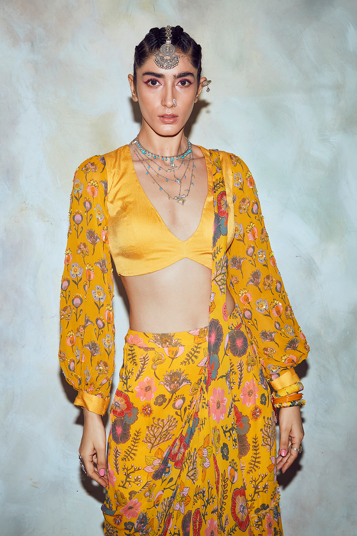 Yellow Floral Print Saree Set