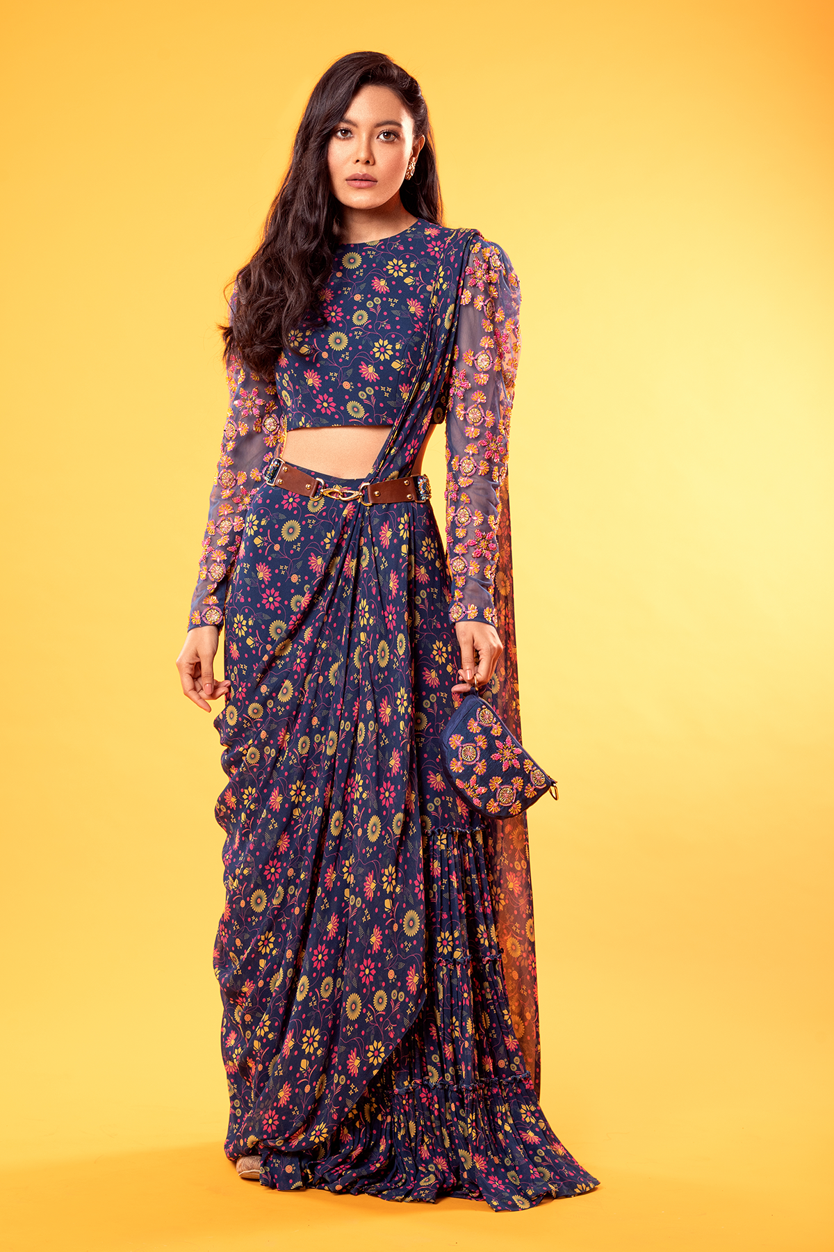 Blue Colourful thread Embroidered Sleeve High Neck Blouse With Printed Jaal Garara Saree Potli Bag