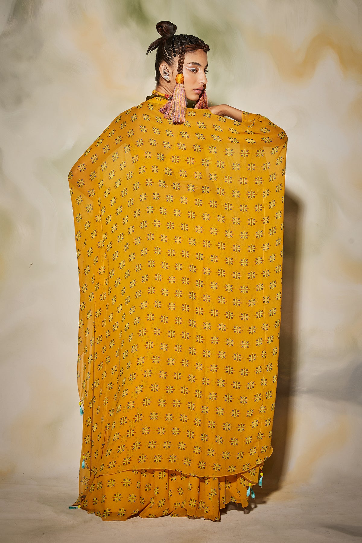 Yellow Butta Print With Trible Embroidered Yoke Kaftan Set