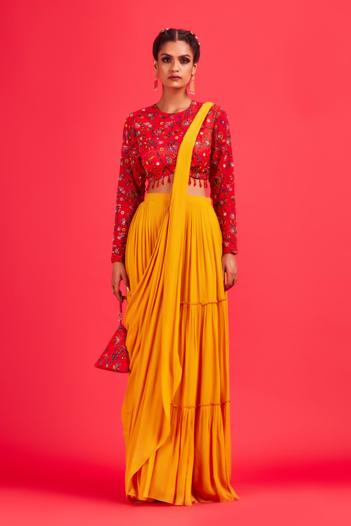 Red Bale Print Blouse With Yellow Tiered Sari & Bag