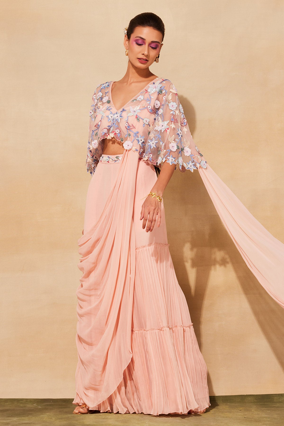 BLUSH PINK EMBROIDERED SAREE SET