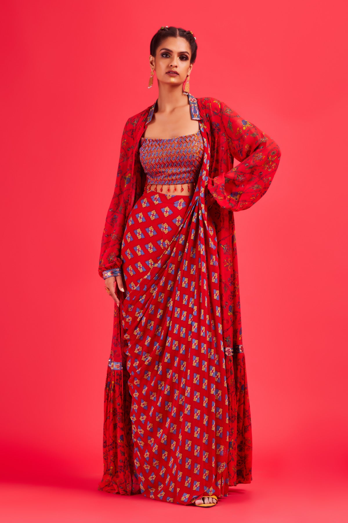 Red Bustier With Printed Cape & Gharara Sari