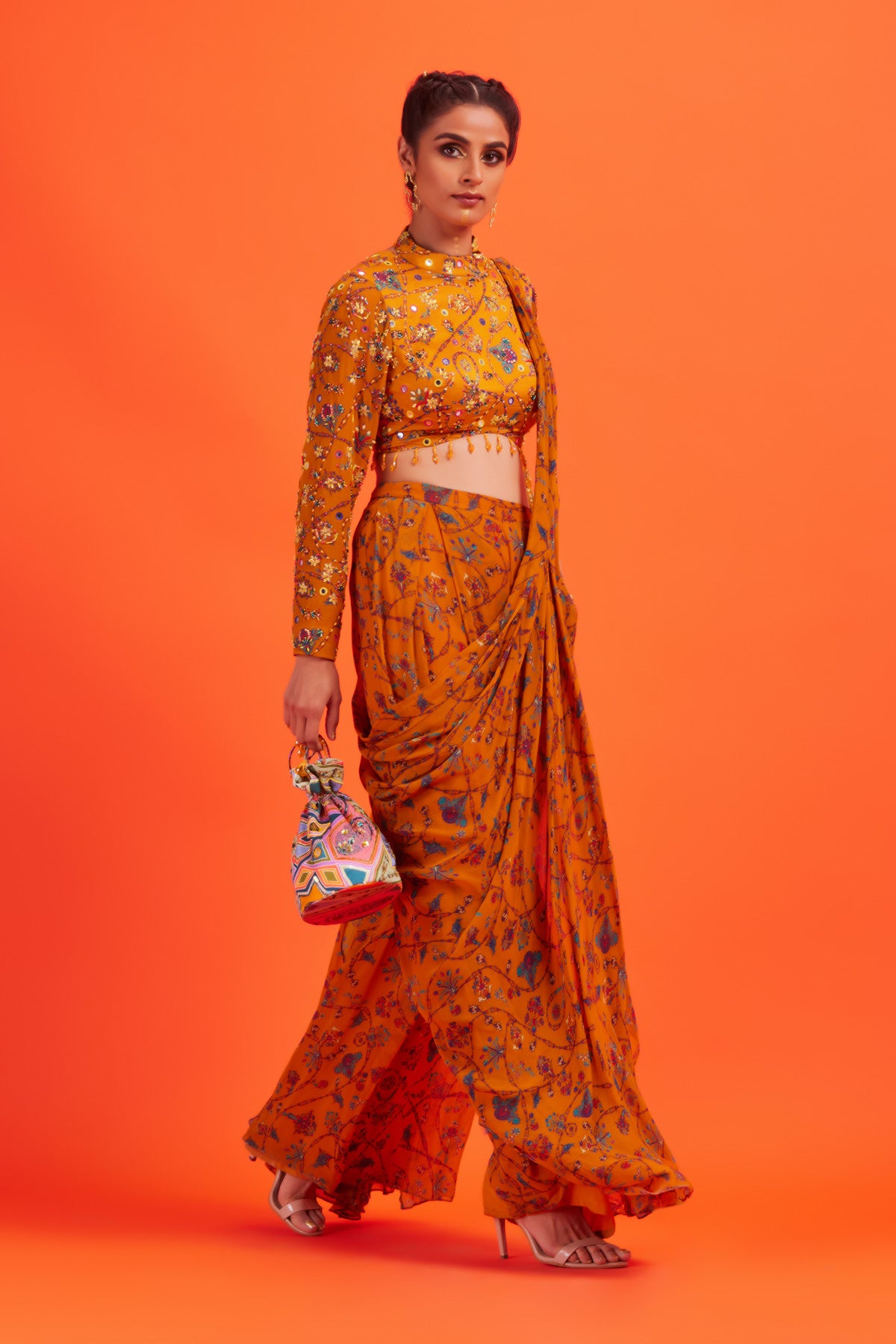 Yellow Bale Print Blouse With Box Pleat Side Slit Open Sari & Potli Bag