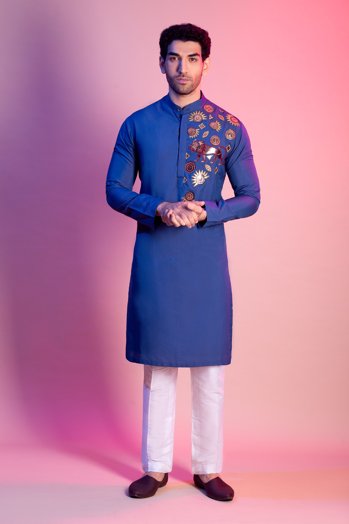 Indigo Blue Acrylic Gold Lion Embroiderey Kurta & Bandi