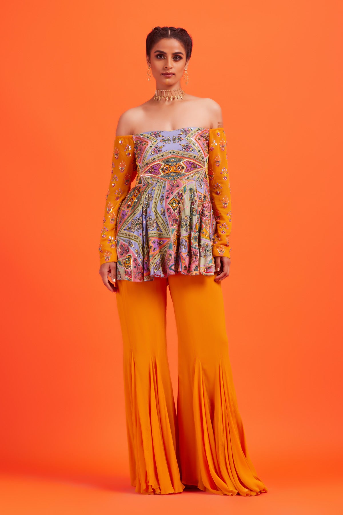 Pastel Yellow Jaal Print & Highlighted Peplum Set