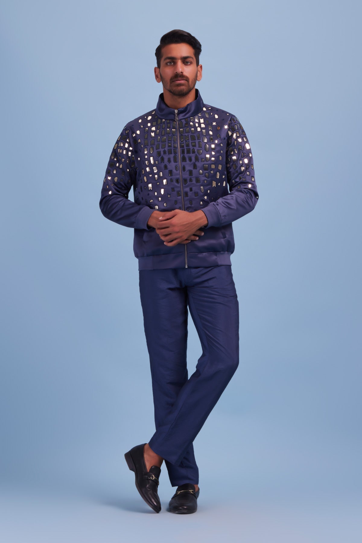 Cool Grey Acrylic and Thread Dropdown Embroidered bomber Jacket With Cool Grey Pants